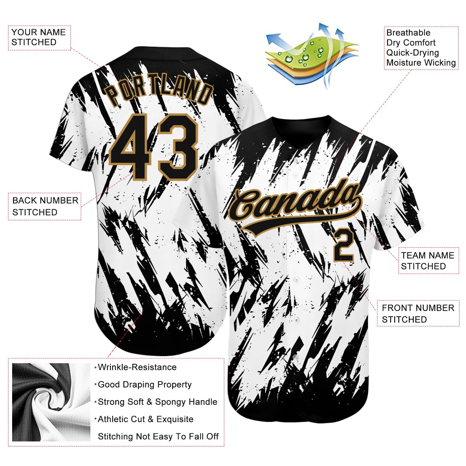 Custom White Black-Old Gold 3D Pattern Design Authentic Baseball Jersey view 3