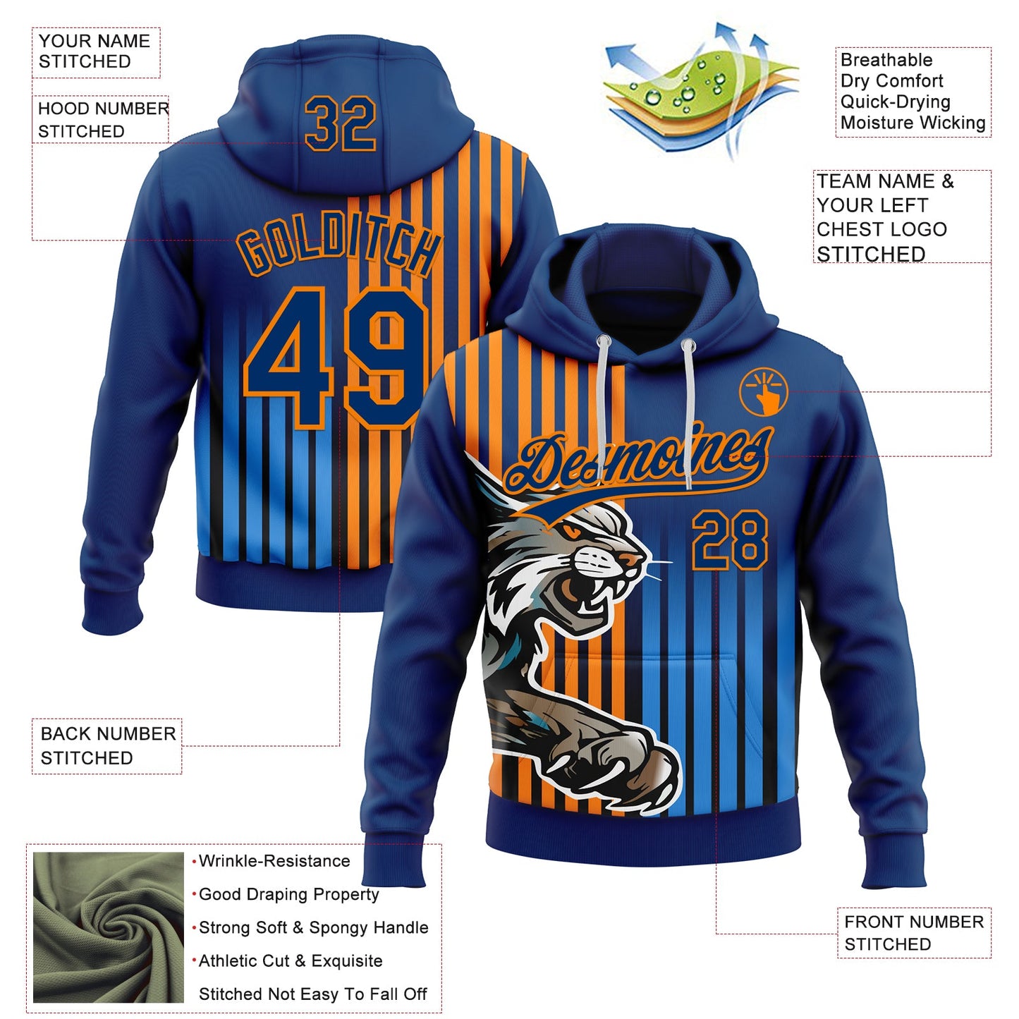 Custom Stitched Powder Blue US Navy Blue-Bay Orange 3D Pattern Design Leopardo Sports Pullover Sweatshirt Hoodie view 2