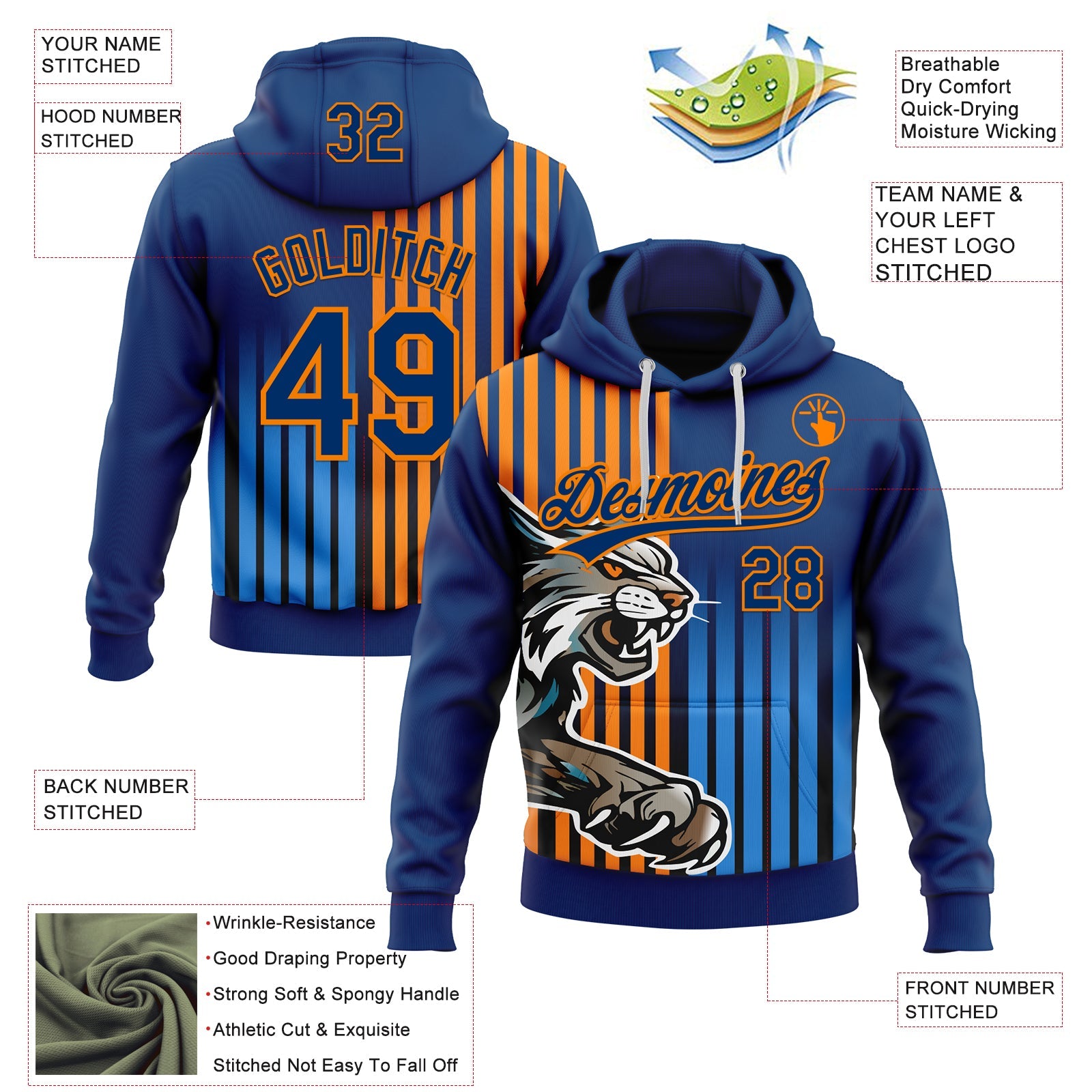 Custom Stitched Powder Blue US Navy Blue-Bay Orange 3D Pattern Design Leopardo Sports Pullover Sweatshirt Hoodie view 2
