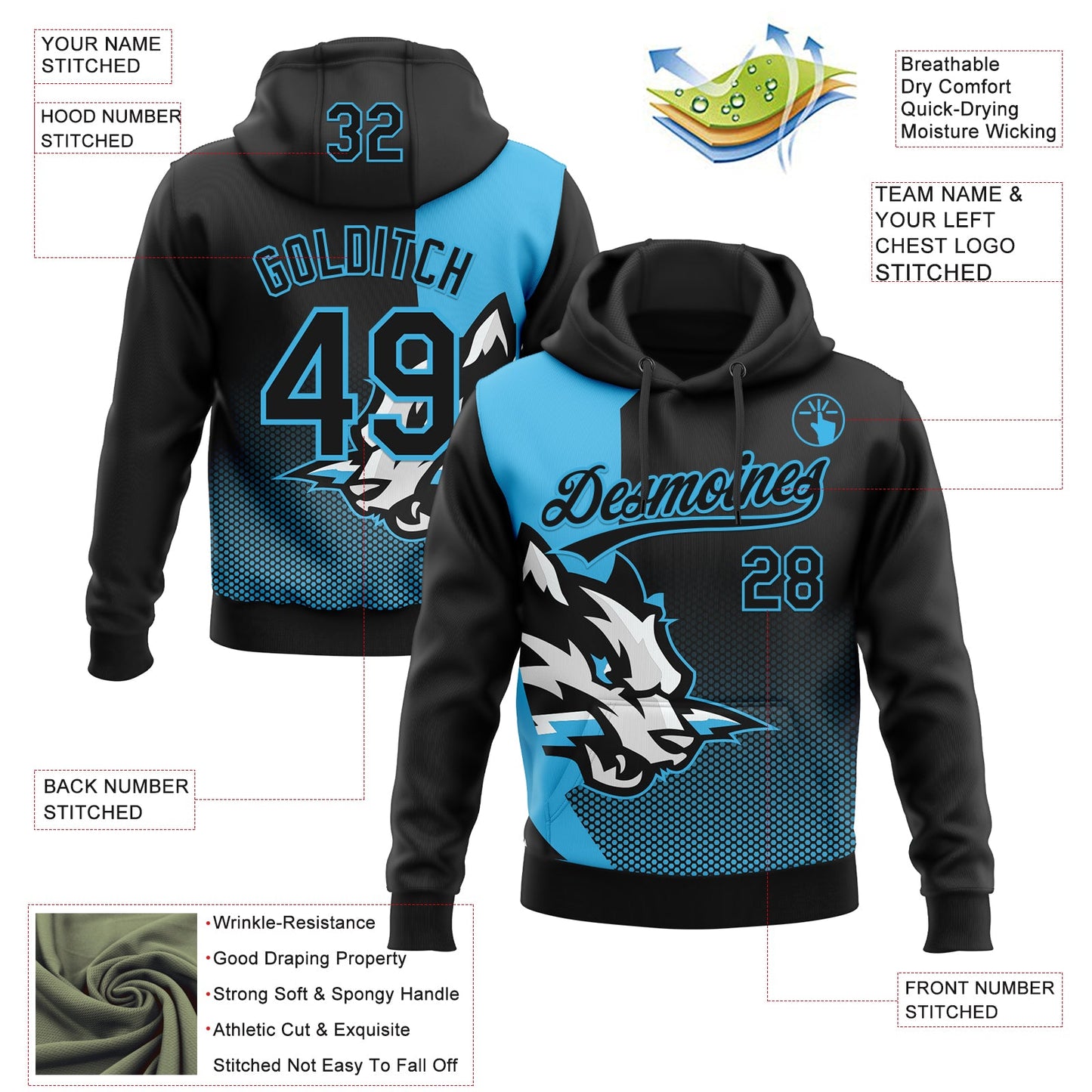 Custom Stitched Black Black-Sky Blue 3D Pattern Design Wolf Sports Pullover Sweatshirt Hoodie view 2