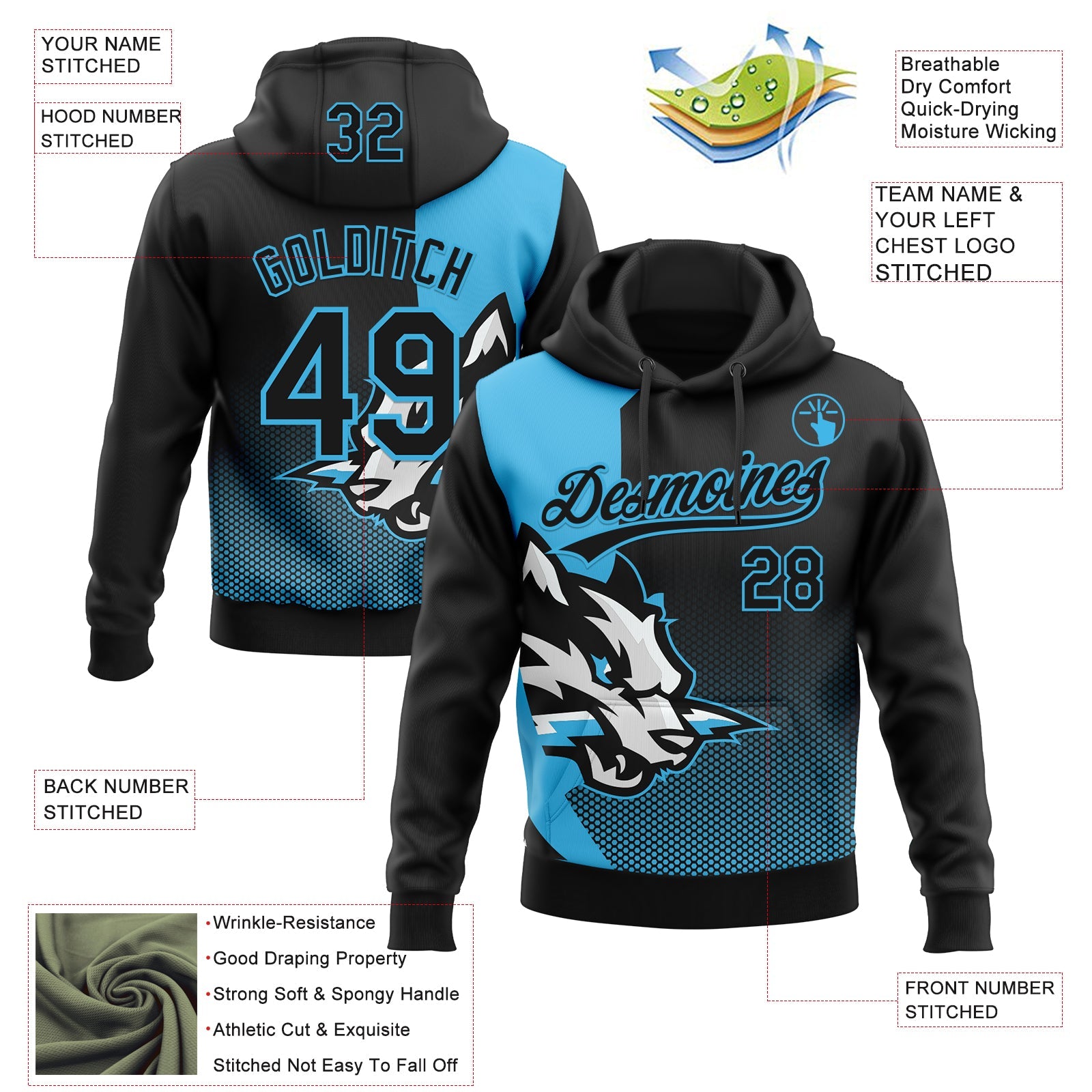 Custom Stitched Black Black-Sky Blue 3D Pattern Design Wolf Sports Pullover Sweatshirt Hoodie view 2