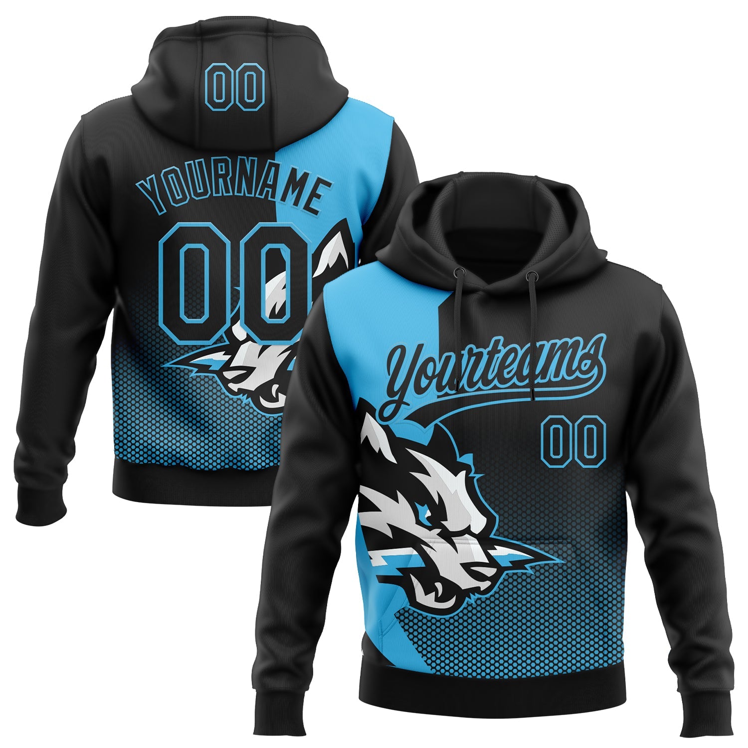 Custom Stitched Black Black-Sky Blue 3D Pattern Design Wolf Sports Pullover Sweatshirt Hoodie - Main View