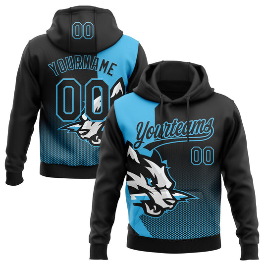 Custom Stitched Black Black-Sky Blue 3D Pattern Design Wolf Sports Pullover Sweatshirt Hoodie - Main View