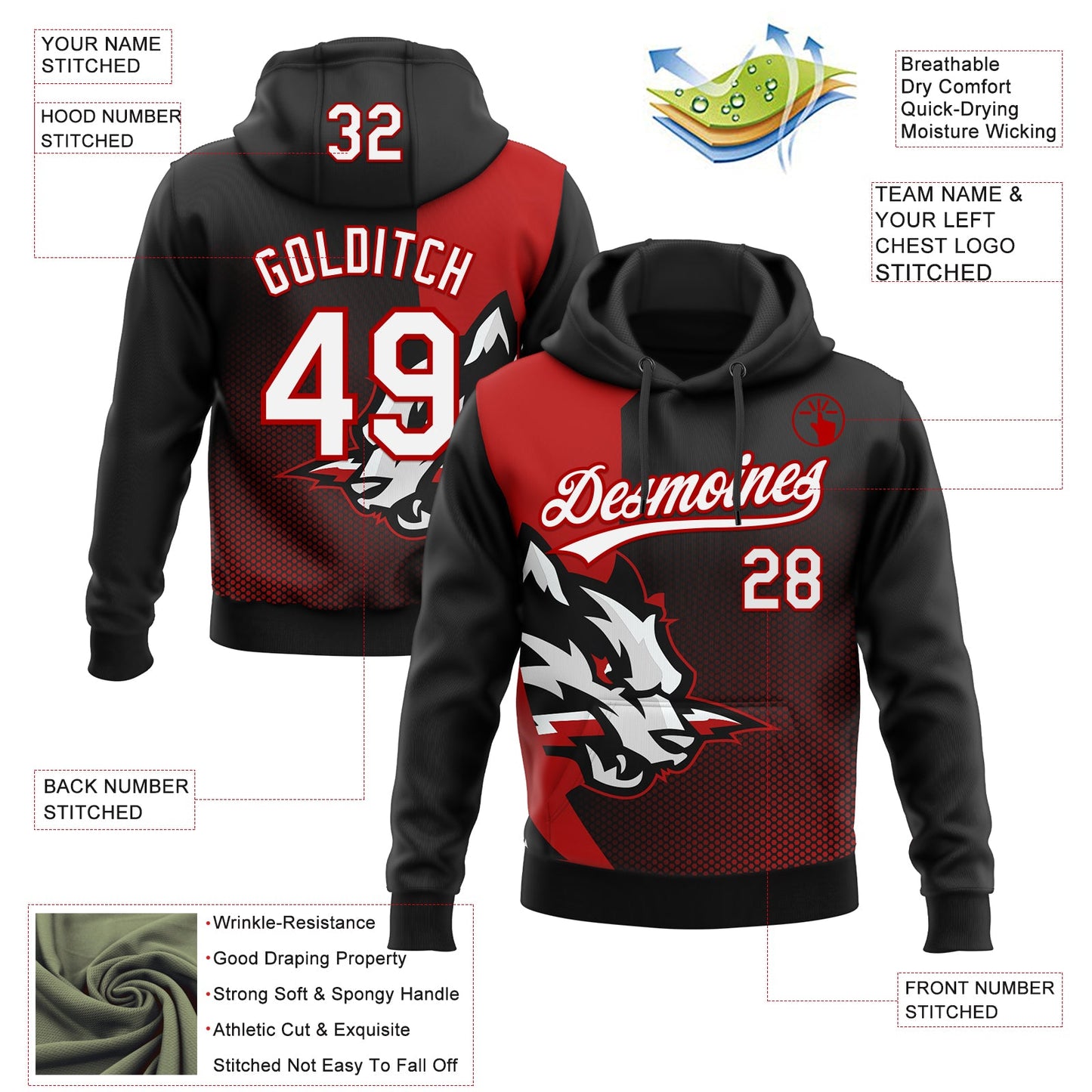 Custom Stitched Black White-Red 3D Pattern Design Wolf Sports Pullover Sweatshirt Hoodie view 2