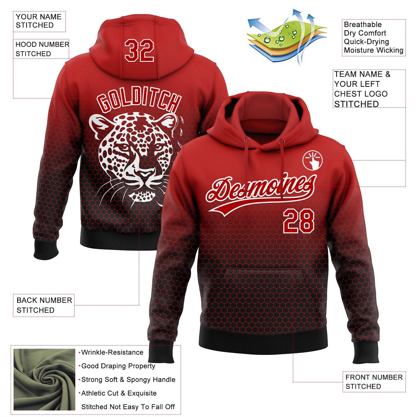 Custom Stitched Black Red-White 3D Pattern Design Leopardo Sports Pullover Sweatshirt Hoodie view 2