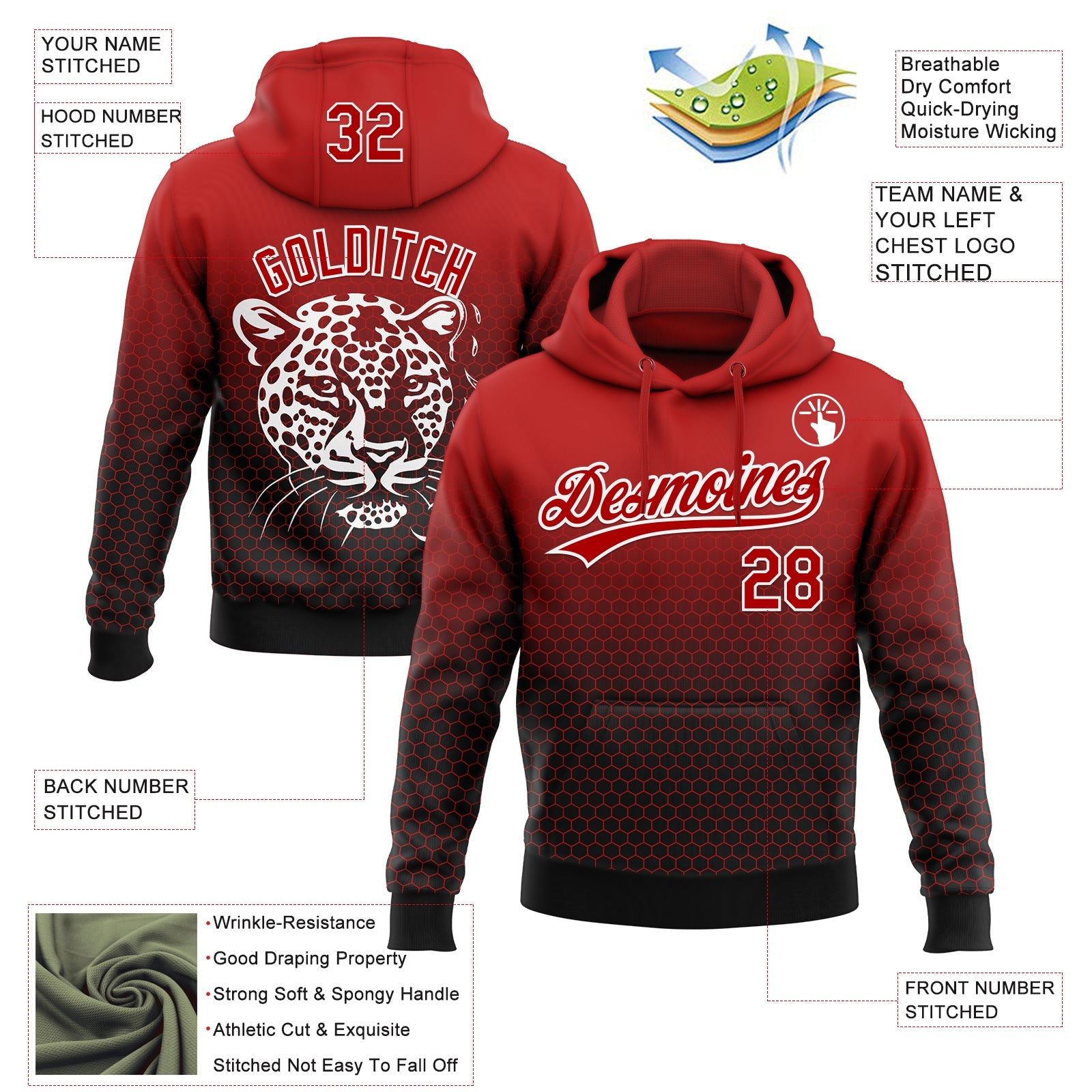 Custom Stitched Black Red-White 3D Pattern Design Leopardo Sports Pullover Sweatshirt Hoodie view 2
