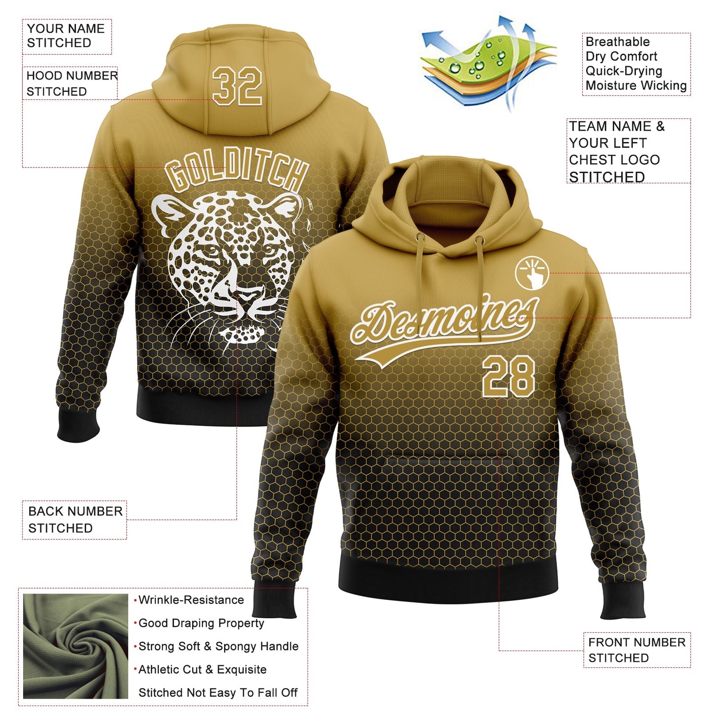 Custom Stitched Black Old Gold-White 3D Pattern Design Leopardo Sports Pullover Sweatshirt Hoodie view 2