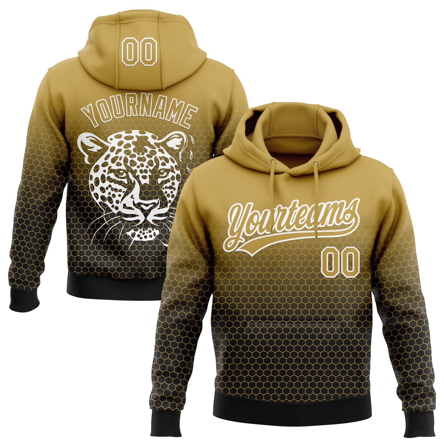 Custom Stitched Black Old Gold-White 3D Pattern Design Leopardo Sports Pullover Sweatshirt Hoodie - Main View