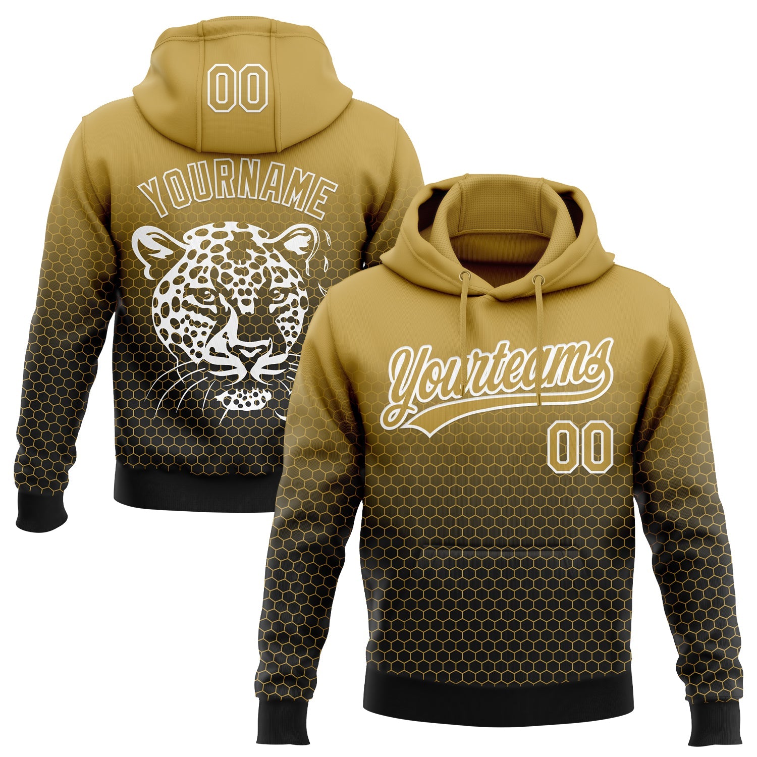 Custom Stitched Black Old Gold-White 3D Pattern Design Leopardo Sports Pullover Sweatshirt Hoodie - Main View