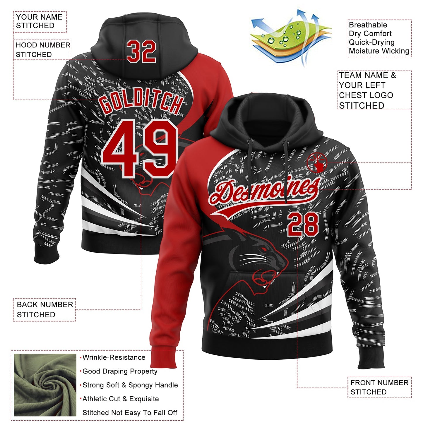 Custom Stitched Black Red-White 3D Pattern Design Leopardo Sports Pullover Sweatshirt Hoodie view 2