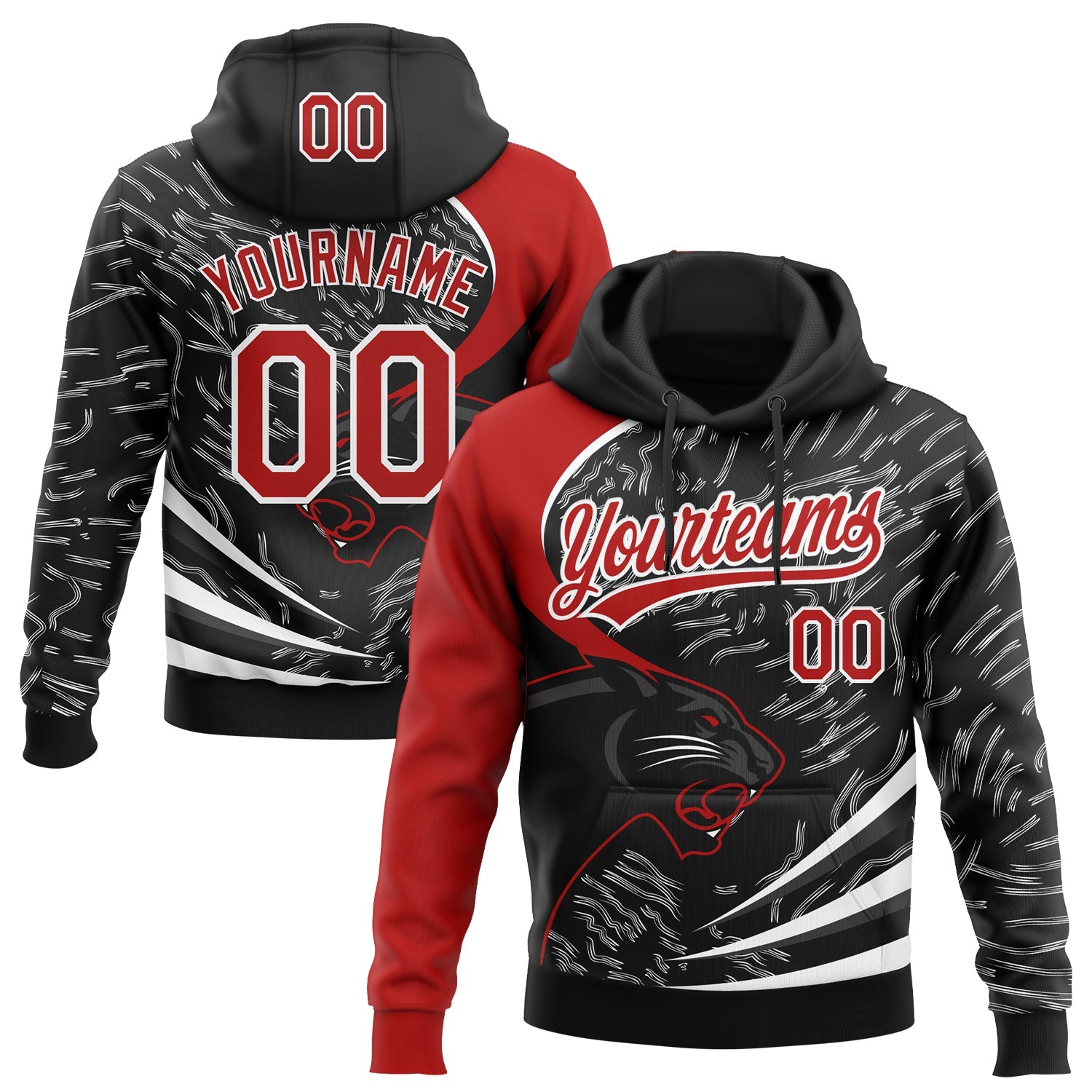 Custom Stitched Black Red-White 3D Pattern Design Leopardo Sports Pullover Sweatshirt Hoodie - Main View