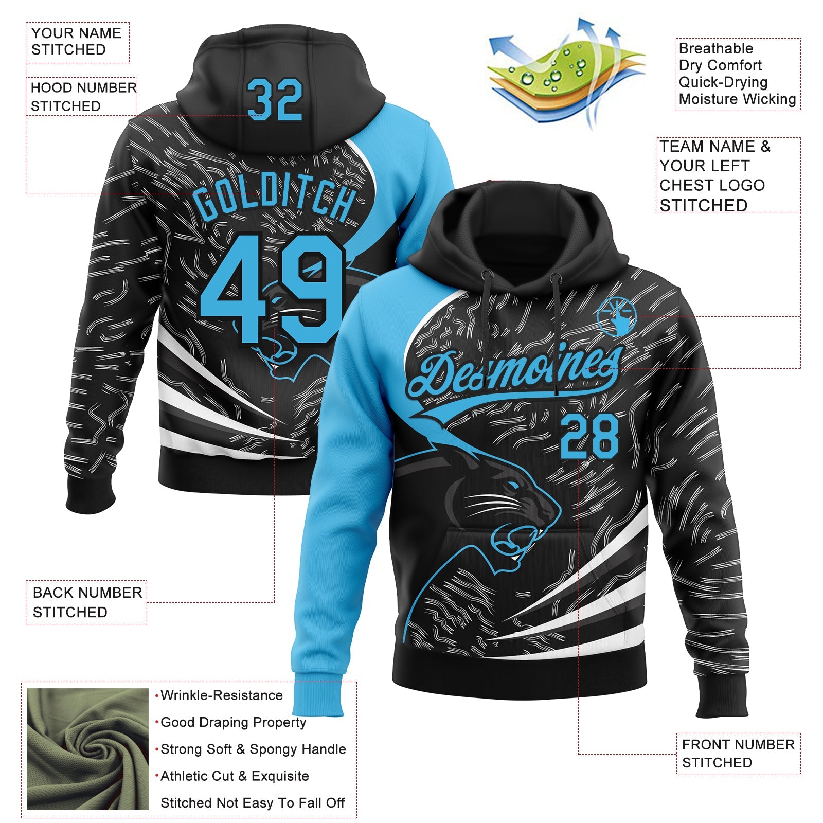 Custom Stitched Black Sky Blue-Black 3D Pattern Design Leopardo Sports Pullover Sweatshirt Hoodie view 2