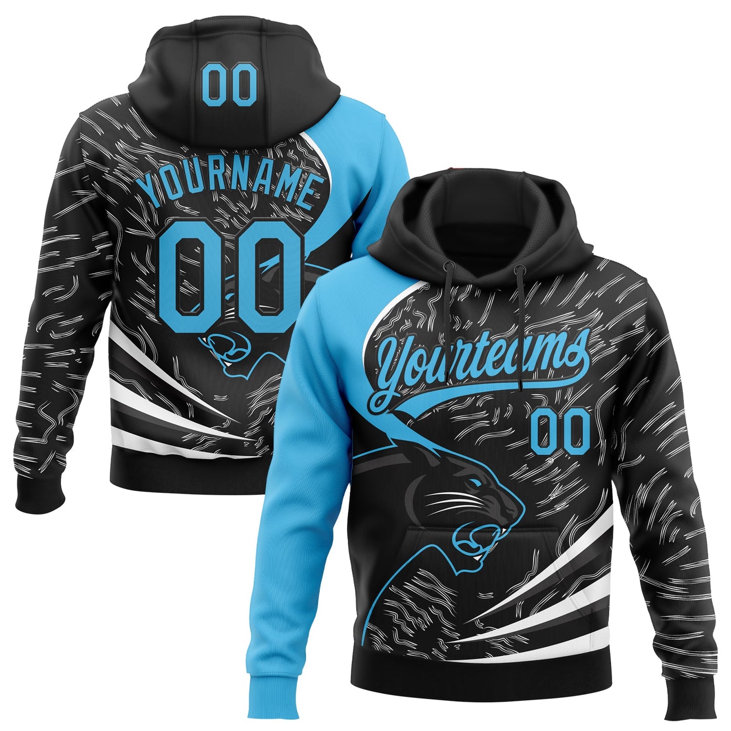 Custom Stitched Black Sky Blue-Black 3D Pattern Design Leopardo Sports Pullover Sweatshirt Hoodie - Main View