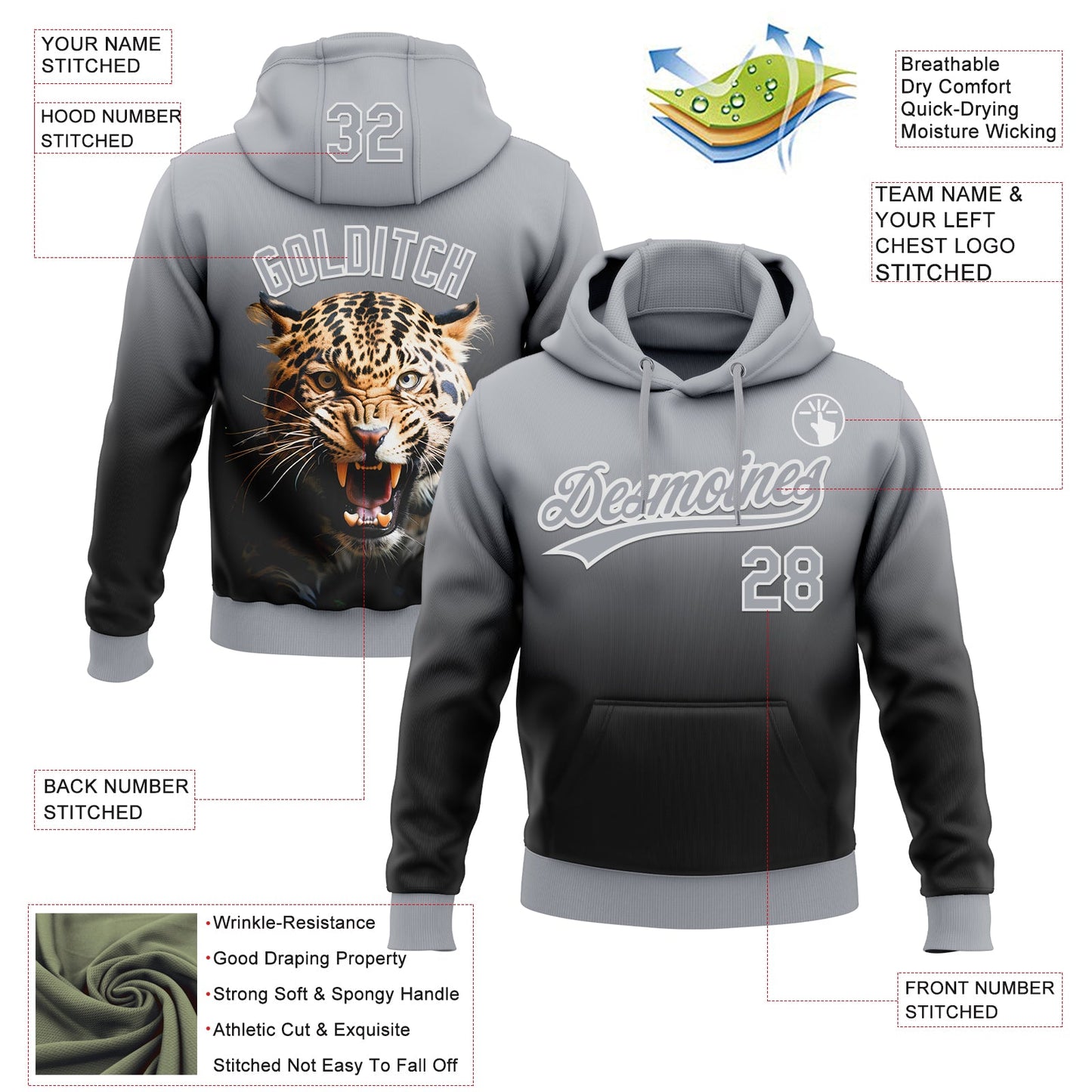 Custom Stitched Black Gray-White 3D Pattern Design Leopardo Sports Pullover Sweatshirt Hoodie view 2
