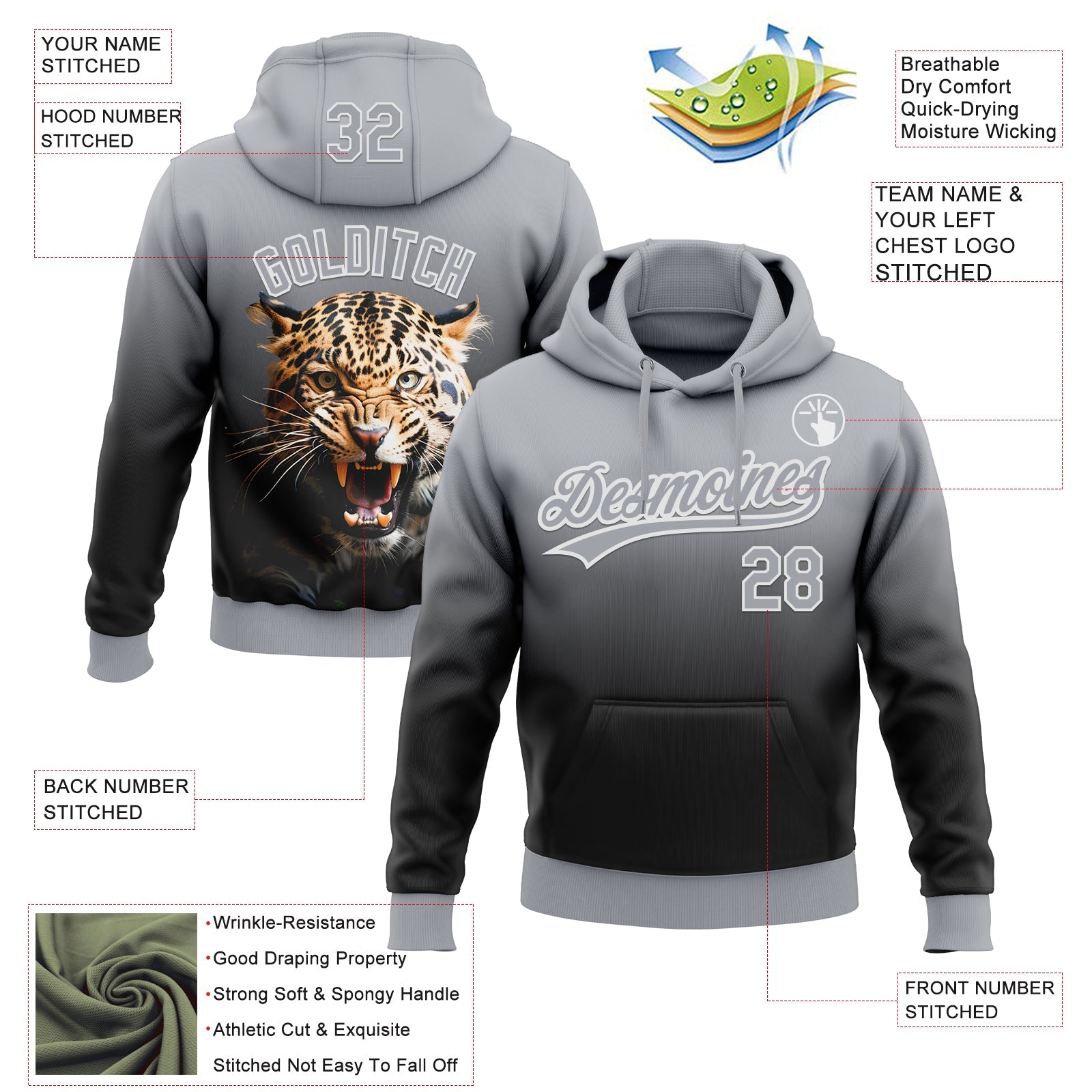 Custom Stitched Black Gray-White 3D Pattern Design Leopardo Sports Pullover Sweatshirt Hoodie view 2