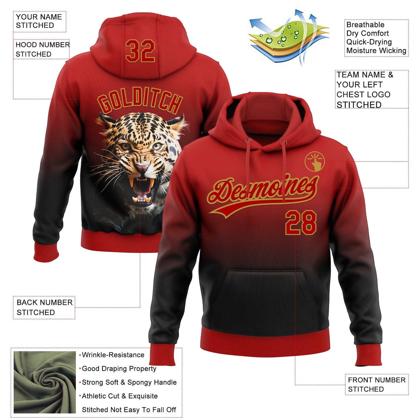 Custom Stitched Black Red-Old Gold 3D Pattern Design Leopardo Sports Pullover Sweatshirt Hoodie view 2