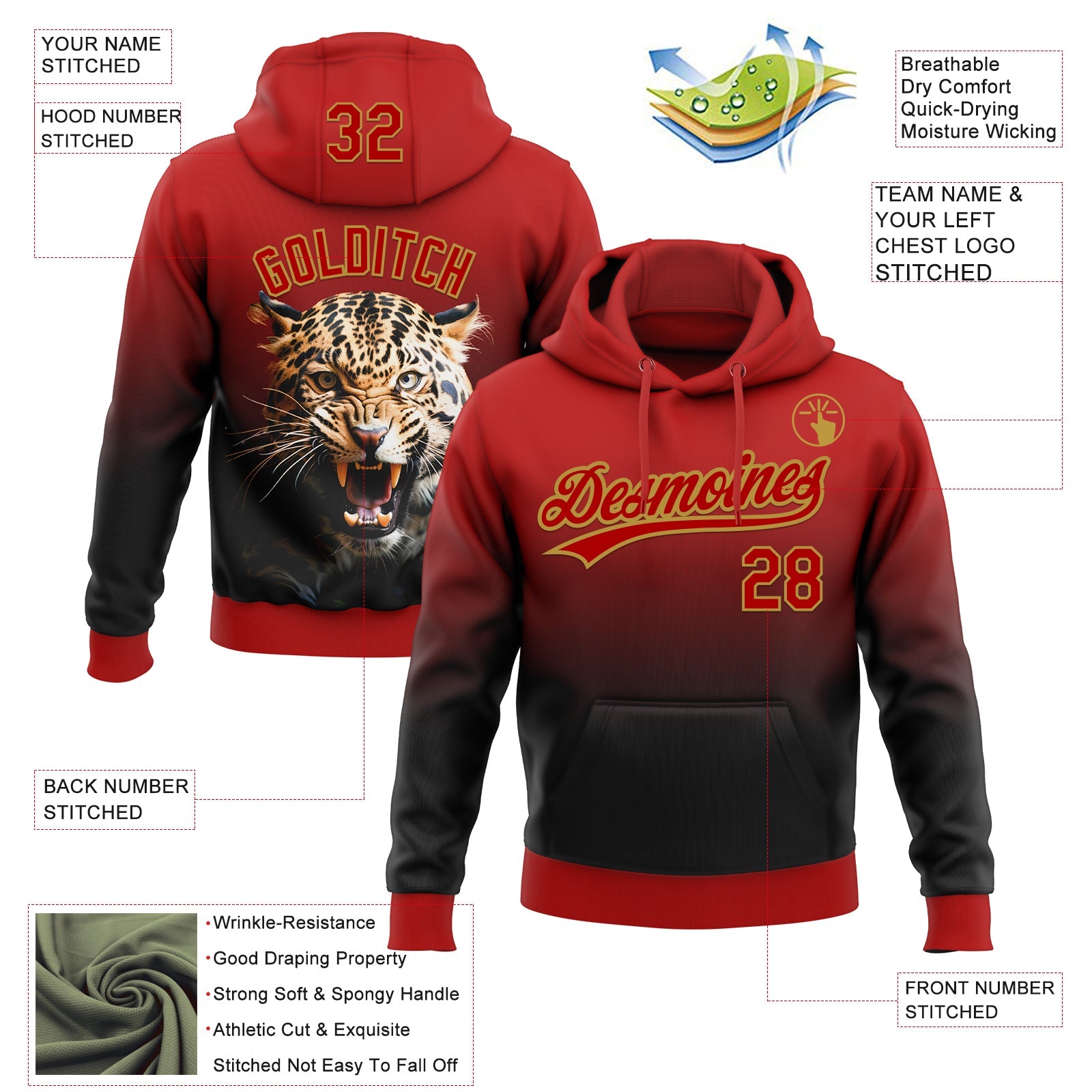 Custom Stitched Black Red-Old Gold 3D Pattern Design Leopardo Sports Pullover Sweatshirt Hoodie view 2