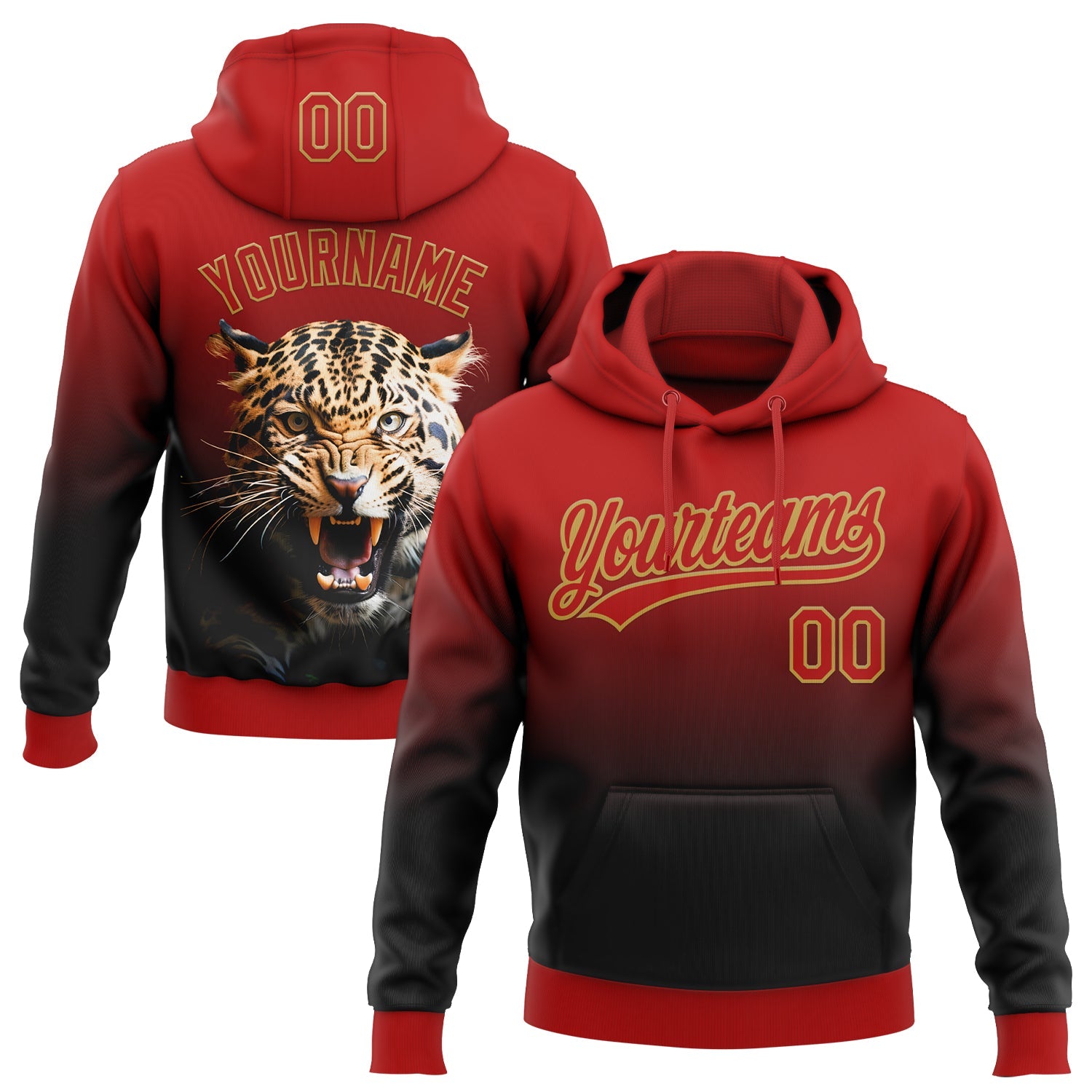 Custom Stitched Black Red-Old Gold 3D Pattern Design Leopardo Sports Pullover Sweatshirt Hoodie - Main View