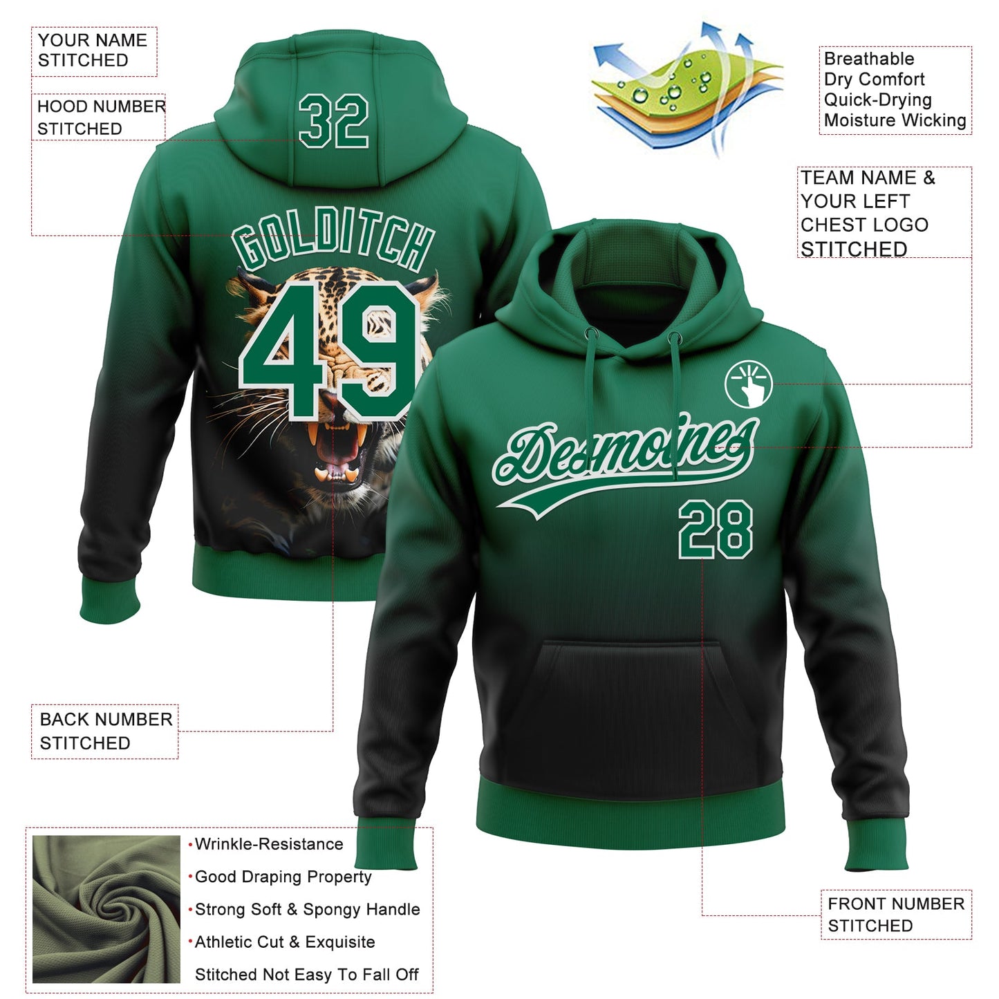 Custom Stitched Black Kelly Green-White 3D Pattern Design Leopardo Sports Pullover Sweatshirt Hoodie view 2