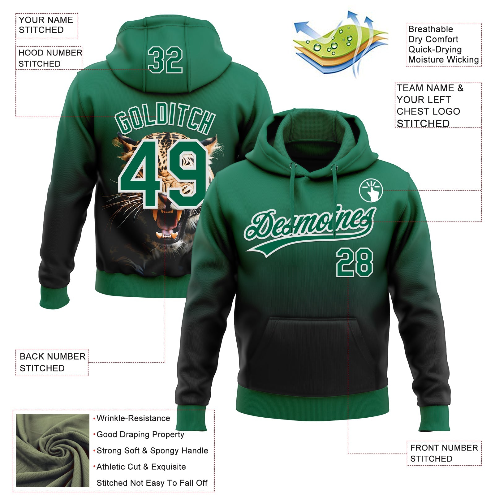 Custom Stitched Black Kelly Green-White 3D Pattern Design Leopardo Sports Pullover Sweatshirt Hoodie view 2