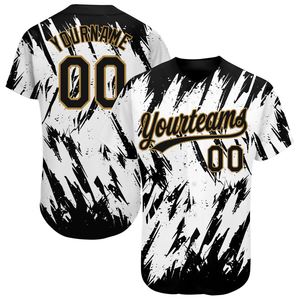 Custom White Black-Old Gold 3D Pattern Design Authentic Baseball Jersey - Main View
