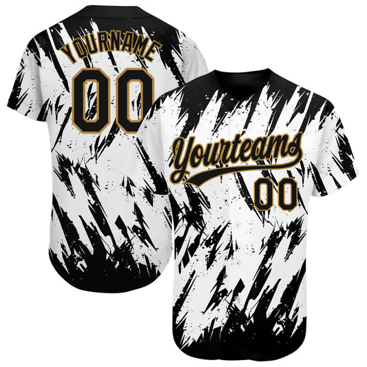 Custom White Black-Old Gold 3D Pattern Design Authentic Baseball Jersey - Main View