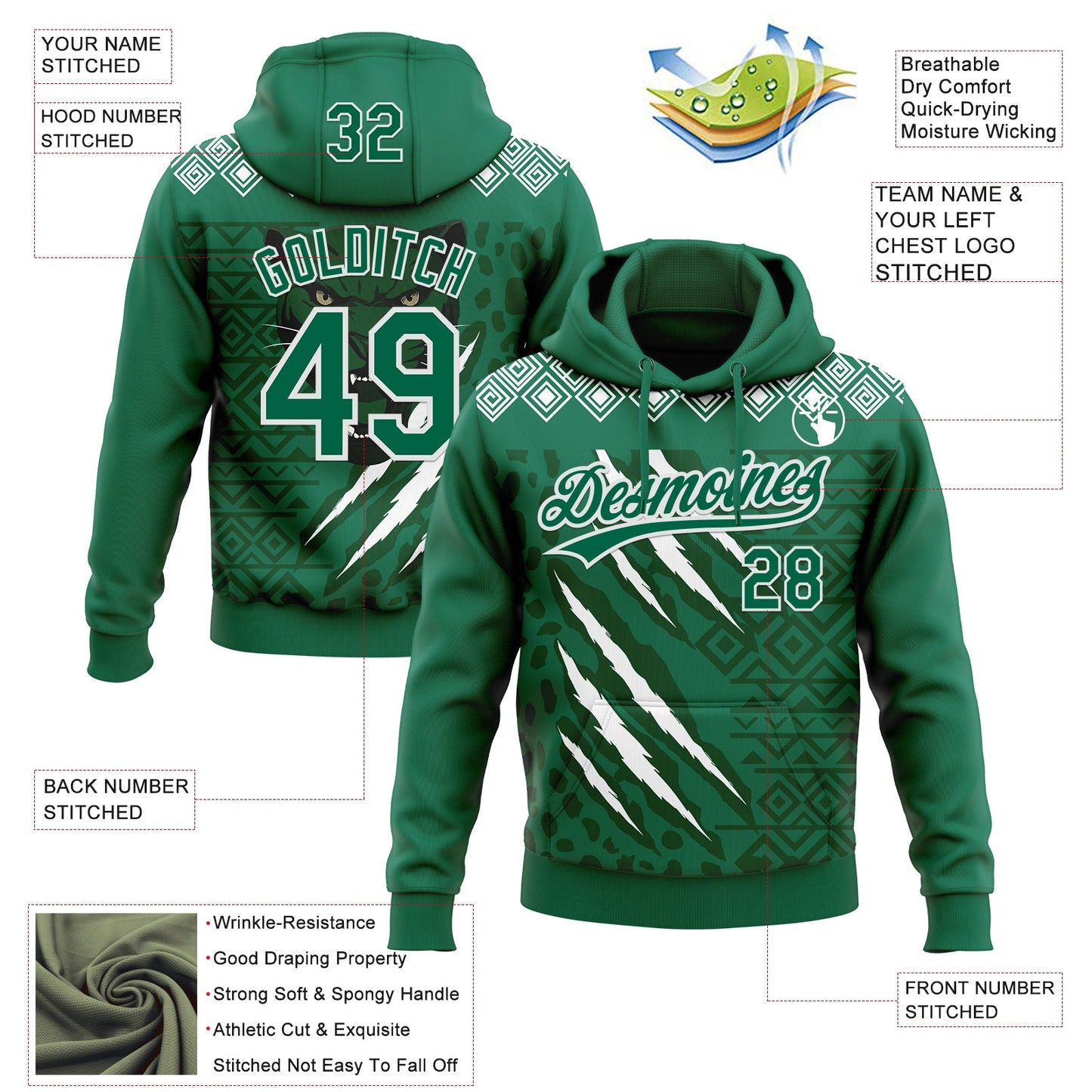 Custom Stitched Green Kelly Green-White 3D Pattern Design Leopardo Sports Pullover Sweatshirt Hoodie view 2