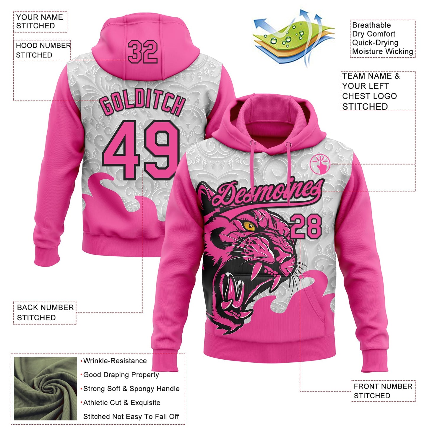 Custom Stitched Gray Pink-Black 3D Pattern Design Leopardo Sports Pullover Sweatshirt Hoodie view 2