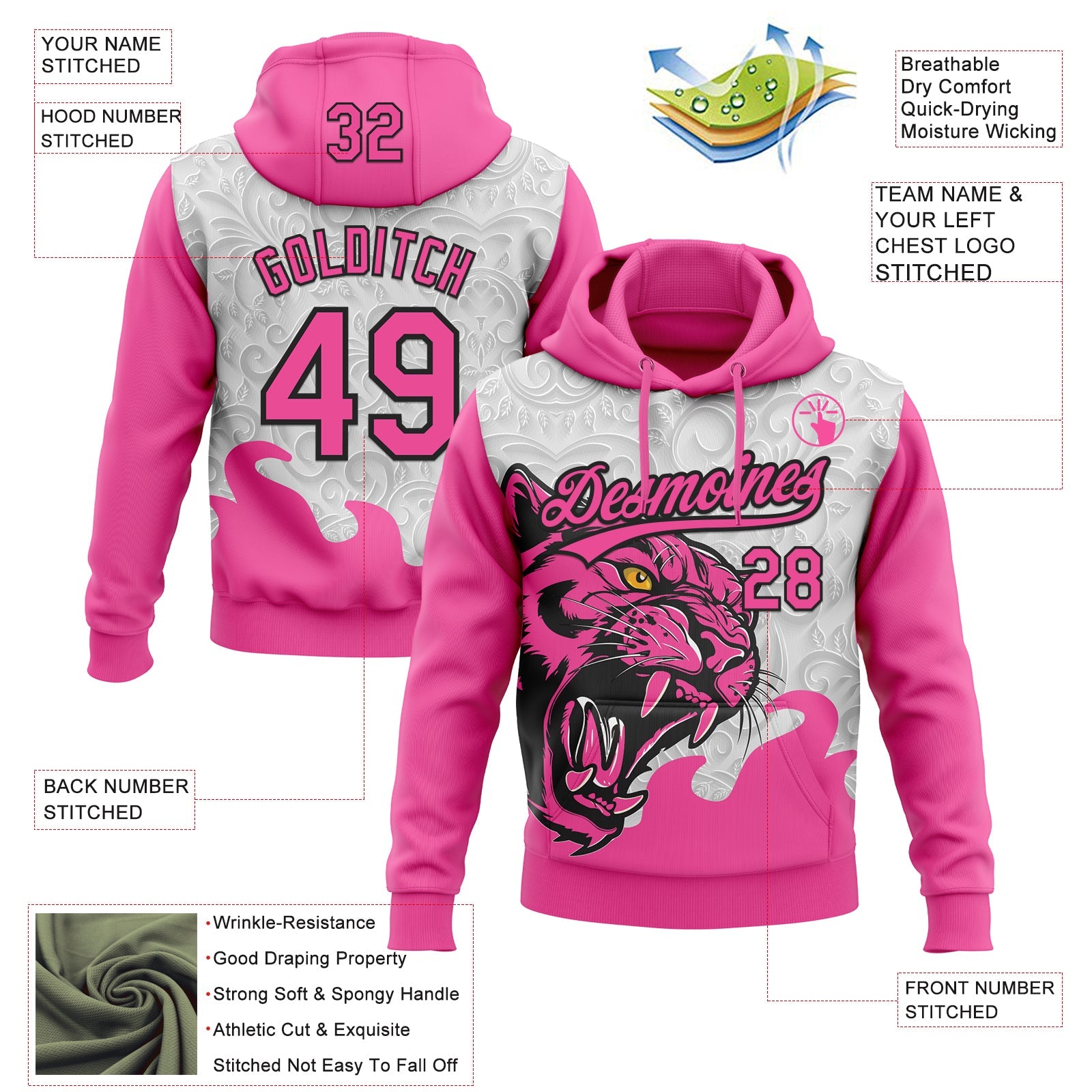 Custom Stitched Gray Pink-Black 3D Pattern Design Leopardo Sports Pullover Sweatshirt Hoodie view 2