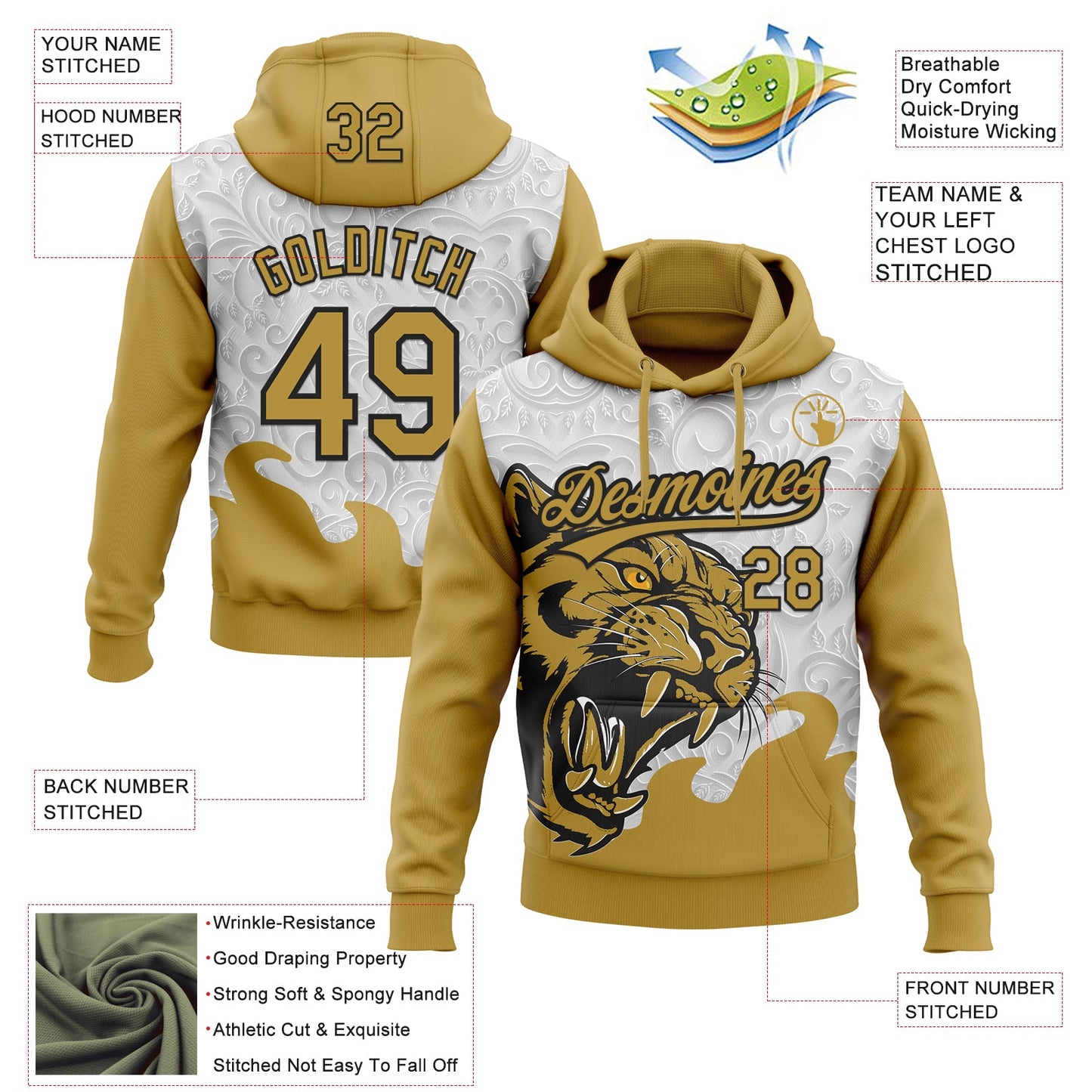 Custom Stitched Gray Old Gold-Black 3D Pattern Design Leopardo Sports Pullover Sweatshirt Hoodie view 2