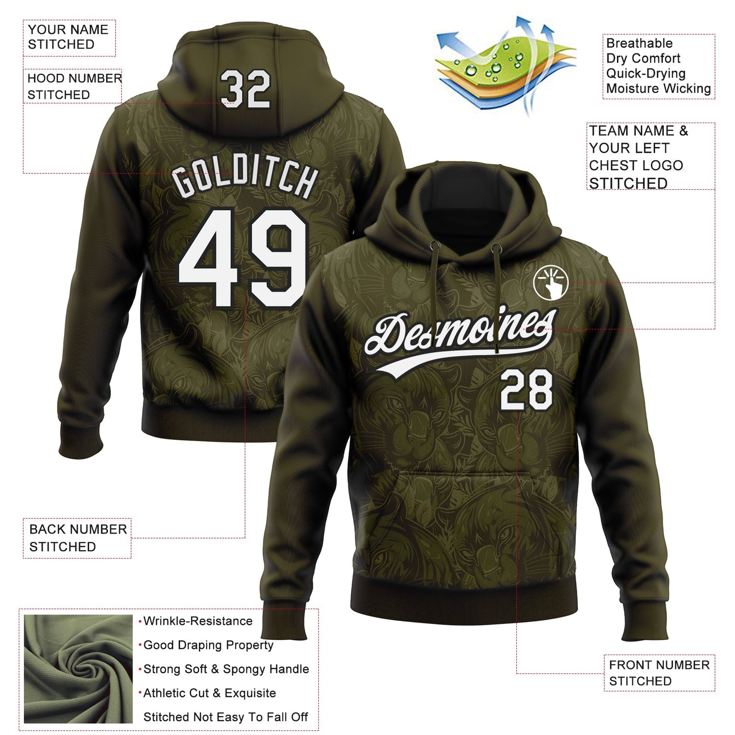 Custom Stitched Olive White-Black 3D Pattern Design Leopardo Sports Pullover Sweatshirt Hoodie view 2