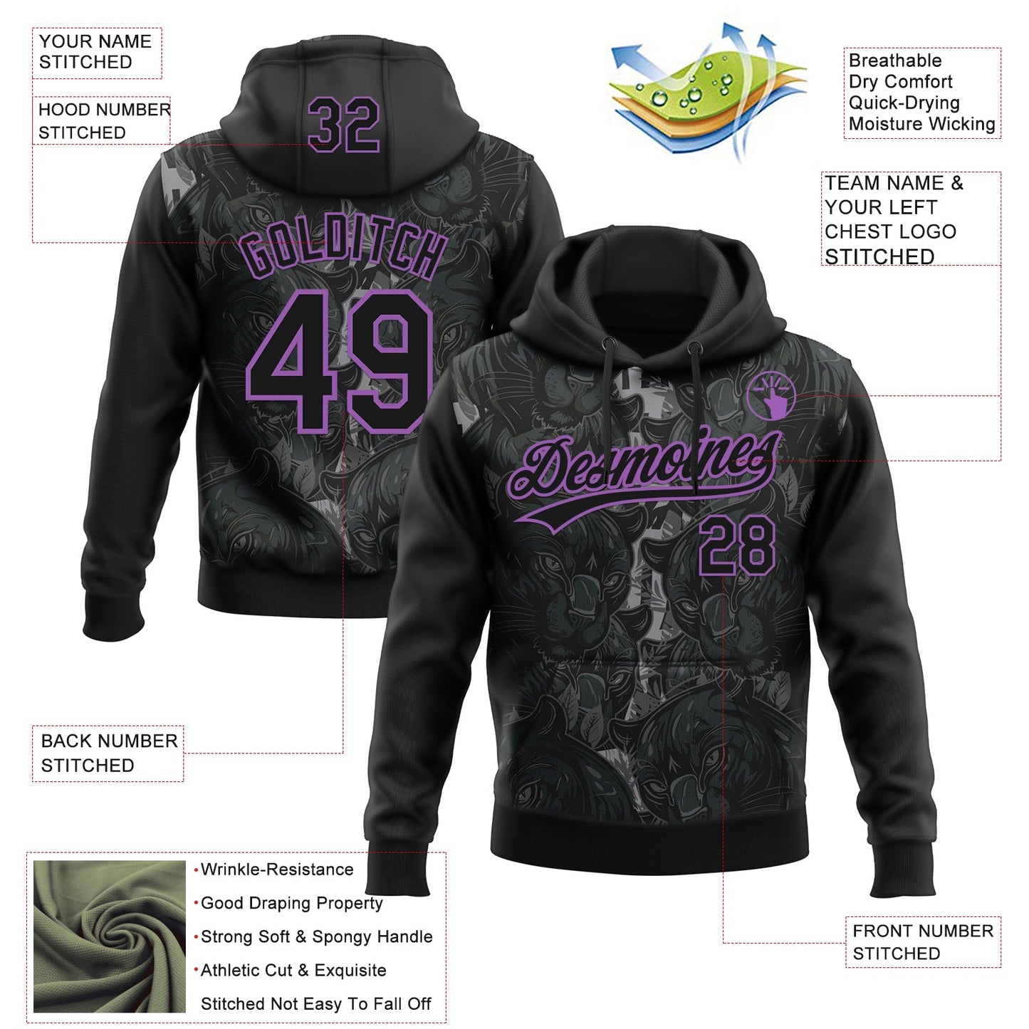 Custom Stitched Black Black-Medium Purple 3D Pattern Design Leopardo Sports Pullover Sweatshirt Hoodie view 2