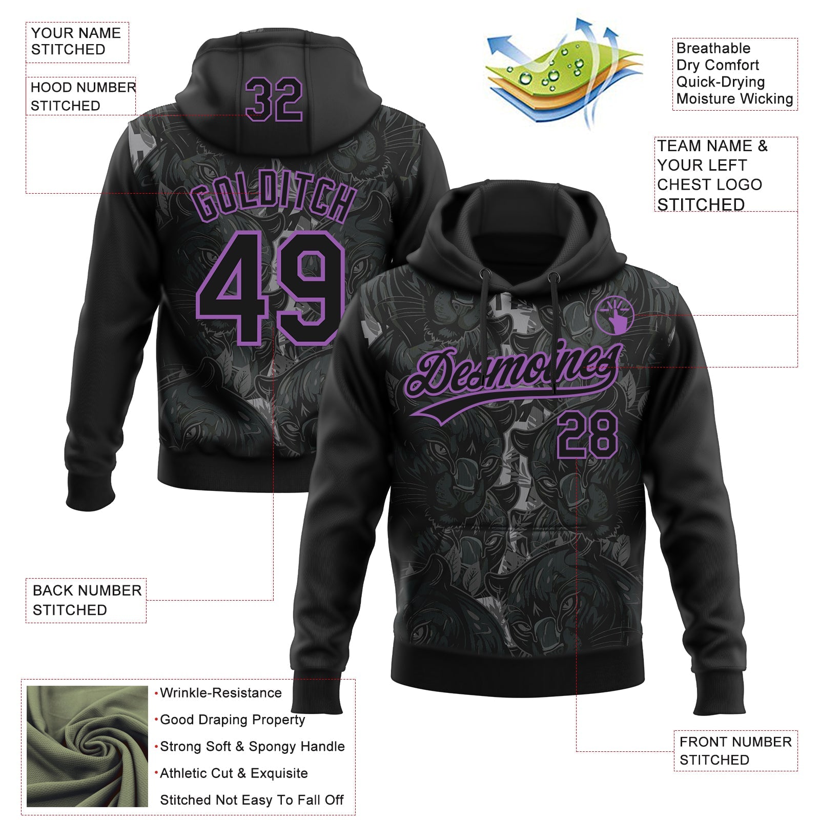 Custom Stitched Black Black-Medium Purple 3D Pattern Design Leopardo Sports Pullover Sweatshirt Hoodie view 2