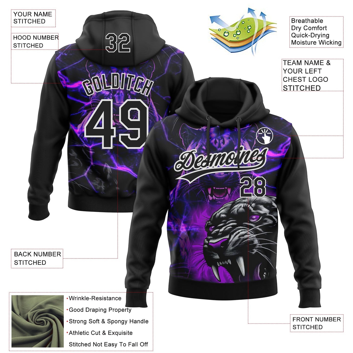 Custom Stitched Purple Black-White 3D Pattern Design Leopardo Sports Pullover Sweatshirt Hoodie view 2