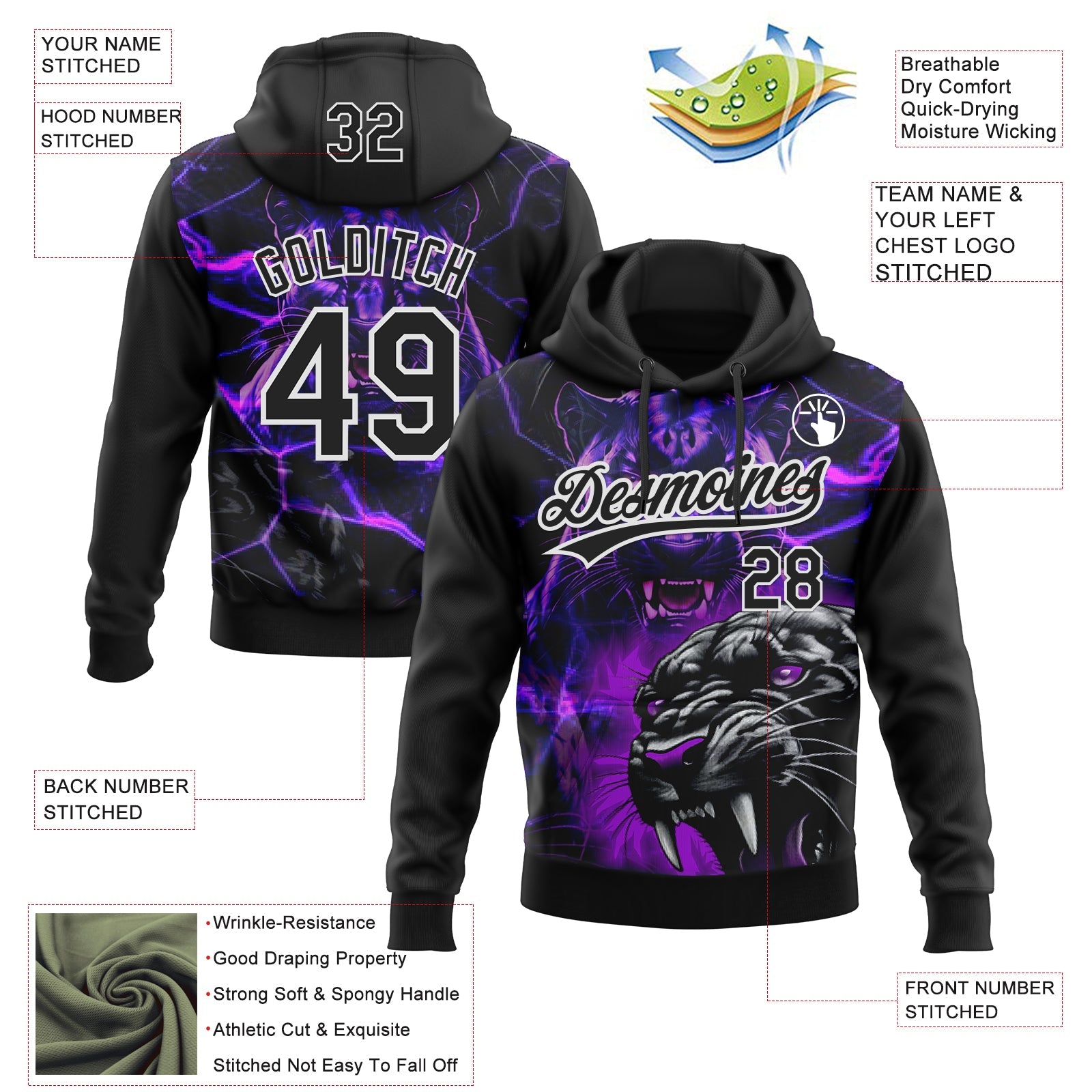 Custom Stitched Purple Black-White 3D Pattern Design Leopardo Sports Pullover Sweatshirt Hoodie view 2