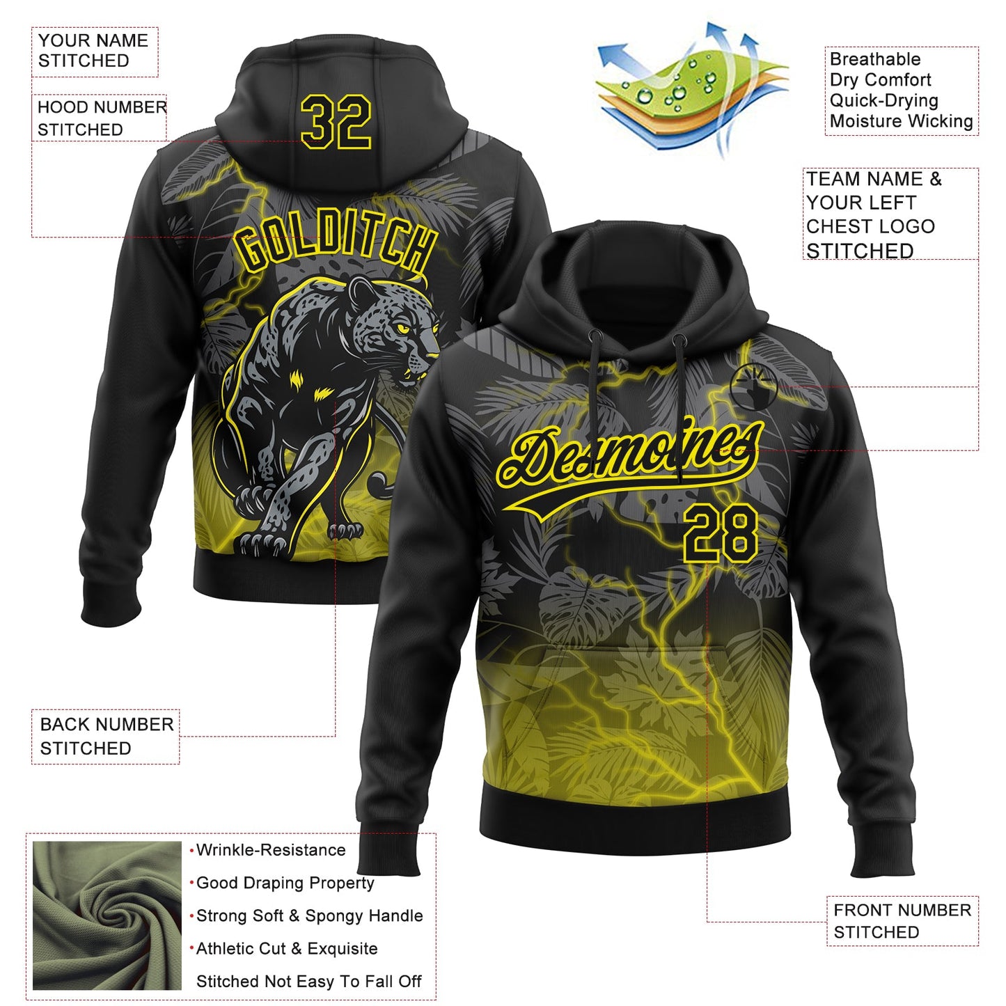 Custom Stitched Black Black-Light Yellow 3D Pattern Design Leopardo Sports Pullover Sweatshirt Hoodie view 2