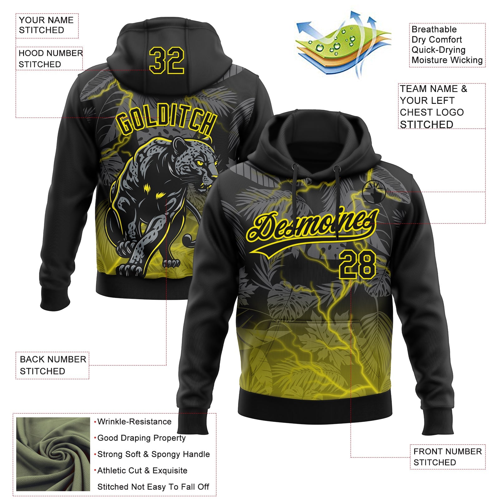 Custom Stitched Black Black-Light Yellow 3D Pattern Design Leopardo Sports Pullover Sweatshirt Hoodie view 2