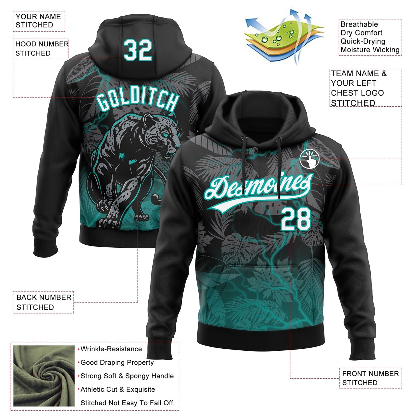 Custom Stitched Black White-Teal 3D Pattern Design Leopardo Sports Pullover Sweatshirt Hoodie view 2