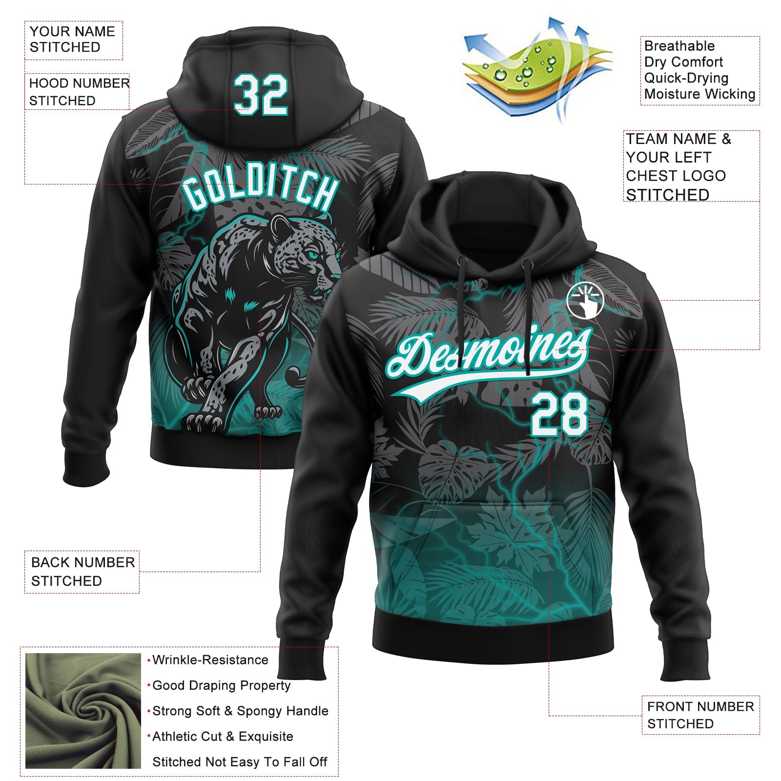 Custom Stitched Black White-Teal 3D Pattern Design Leopardo Sports Pullover Sweatshirt Hoodie view 2