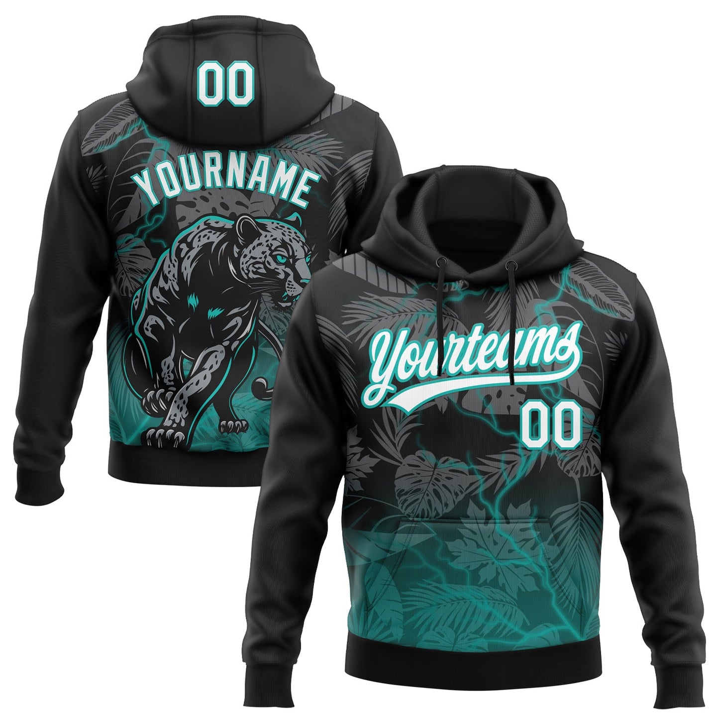Custom Stitched Black White-Teal 3D Pattern Design Leopardo Sports Pullover Sweatshirt Hoodie - Main View