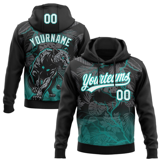 Custom Stitched Black White-Teal 3D Pattern Design Leopardo Sports Pullover Sweatshirt Hoodie - Main View