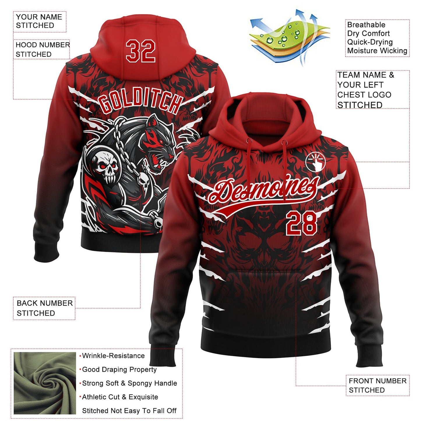 Custom Stitched Black Red-White 3D Pattern Design Leopardo Sports Pullover Sweatshirt Hoodie view 2