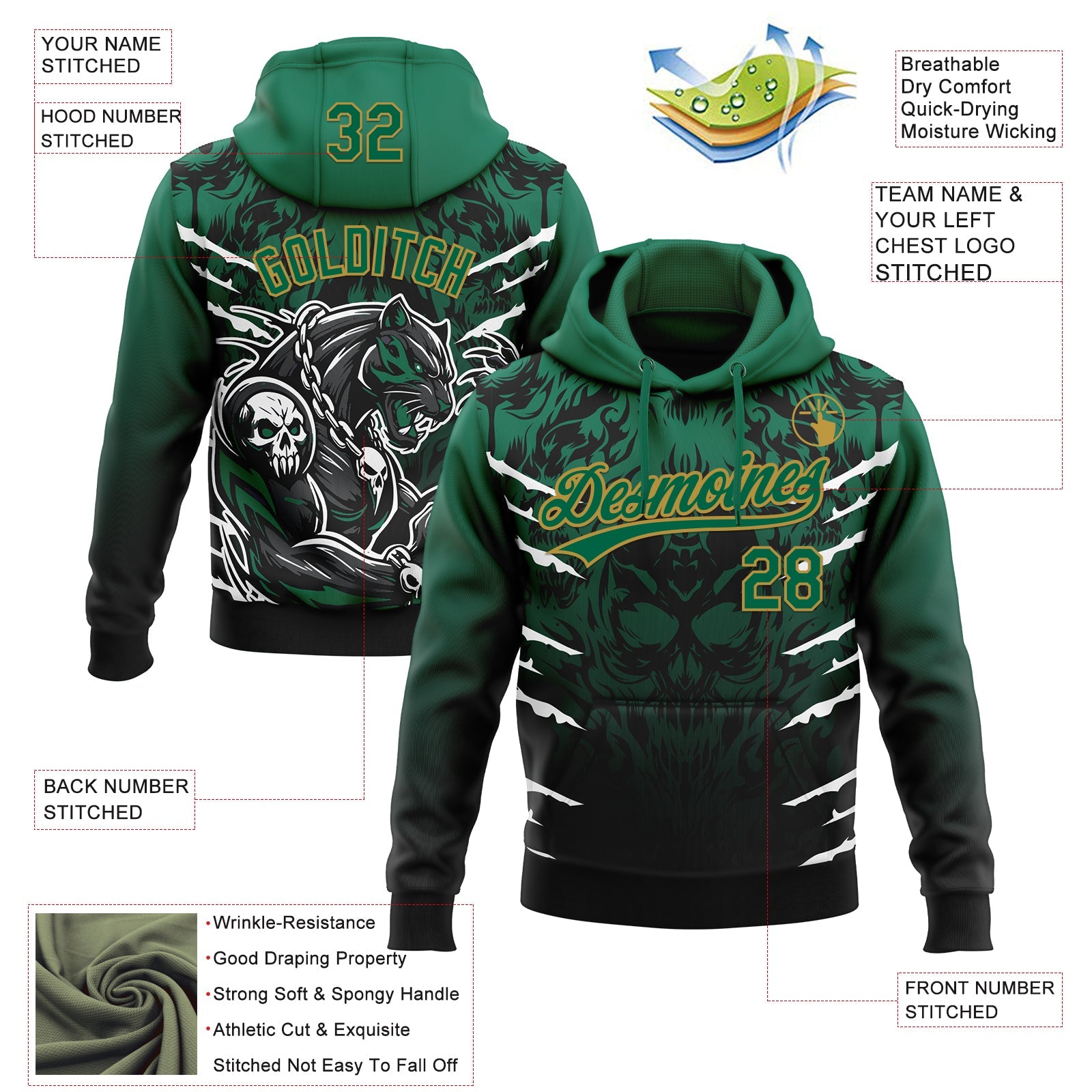 Custom Stitched Black Kelly Green-Old Gold 3D Pattern Design Leopardo Sports Pullover Sweatshirt Hoodie view 2