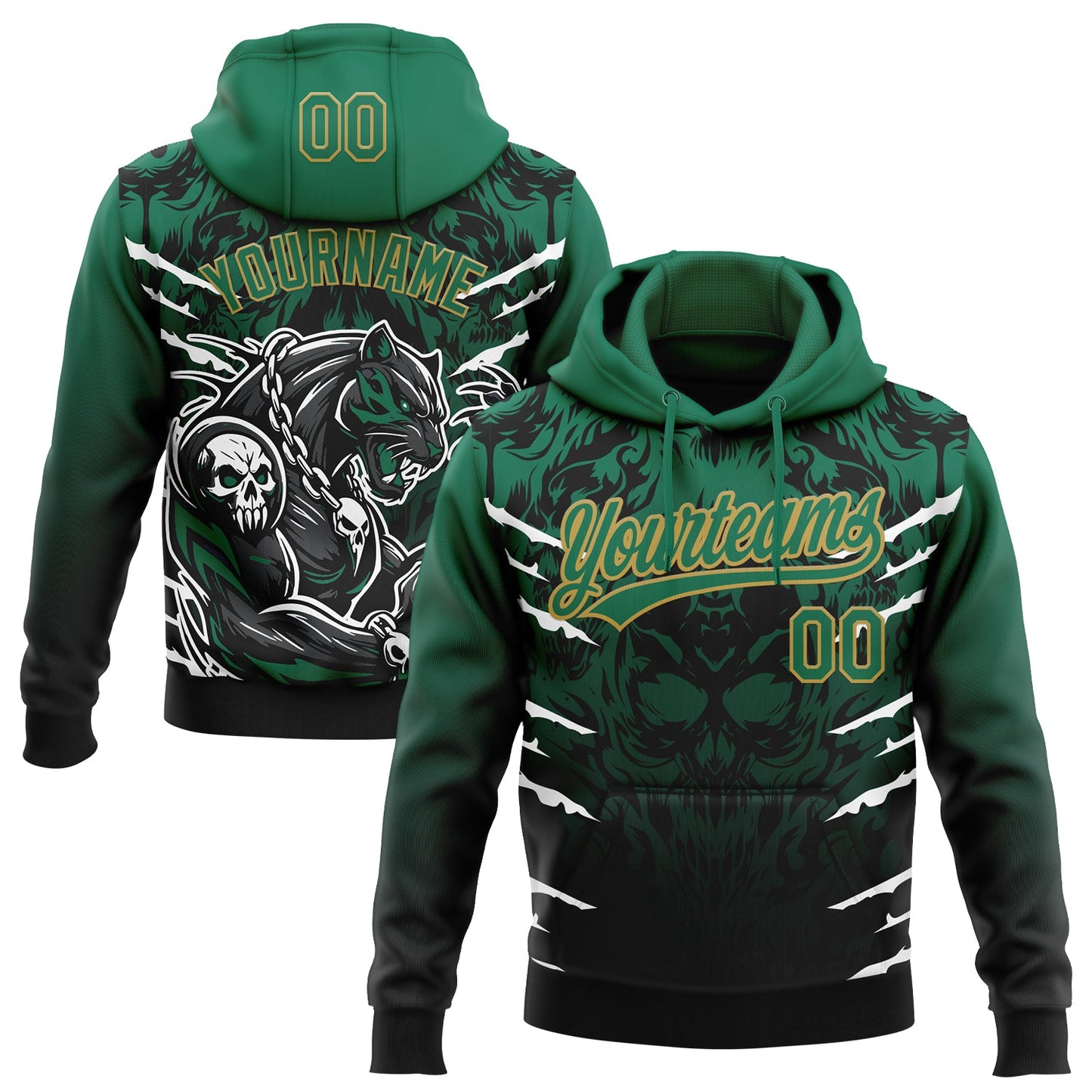 Custom Stitched Black Kelly Green-Old Gold 3D Pattern Design Leopardo Sports Pullover Sweatshirt Hoodie - Main View