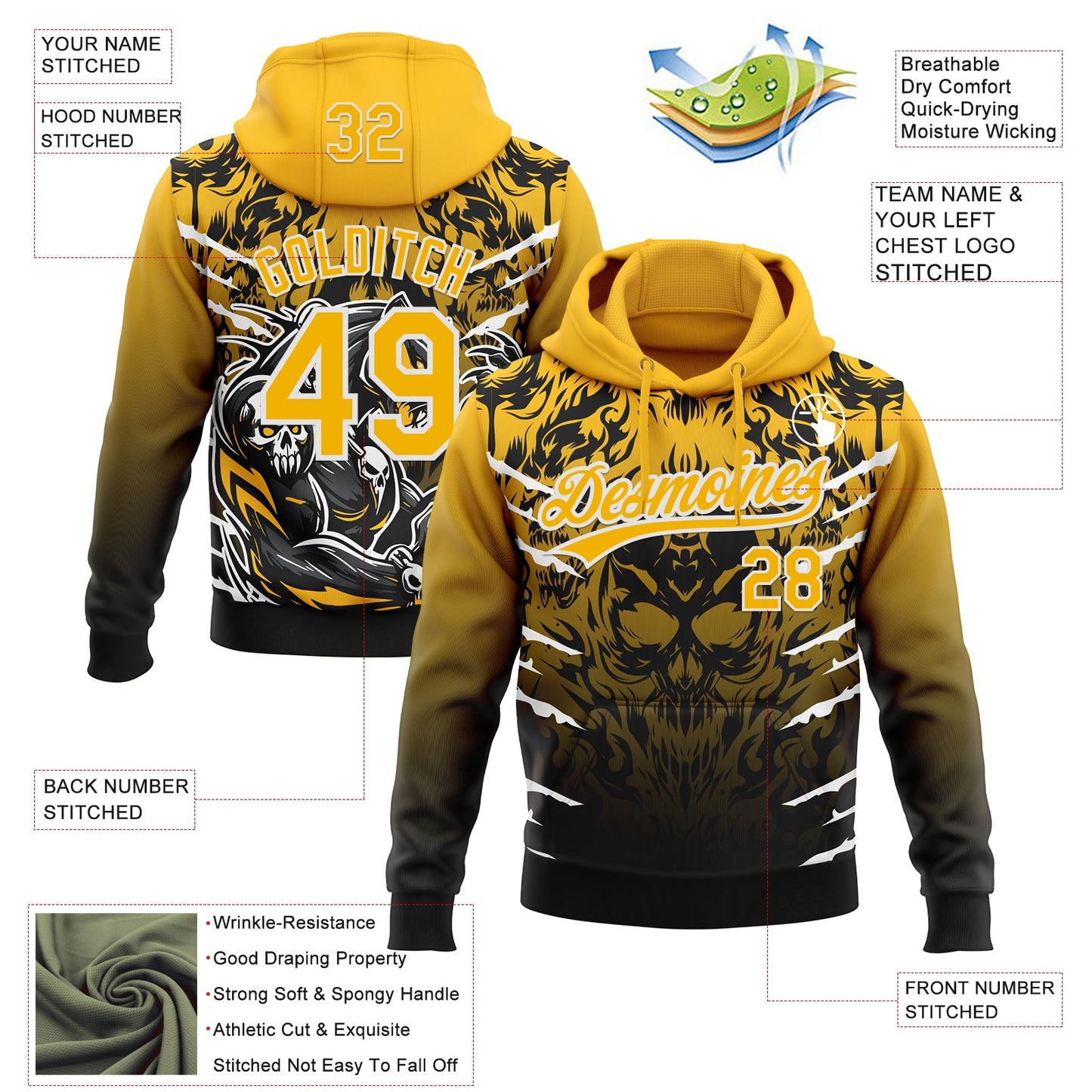 Custom Stitched Black Gold-White 3D Pattern Design Leopardo Sports Pullover Sweatshirt Hoodie view 2