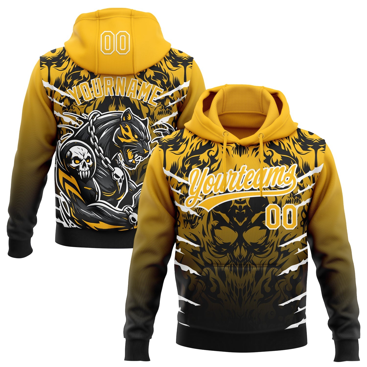 Custom Stitched Black Gold-White 3D Pattern Design Leopardo Sports Pullover Sweatshirt Hoodie - Main View