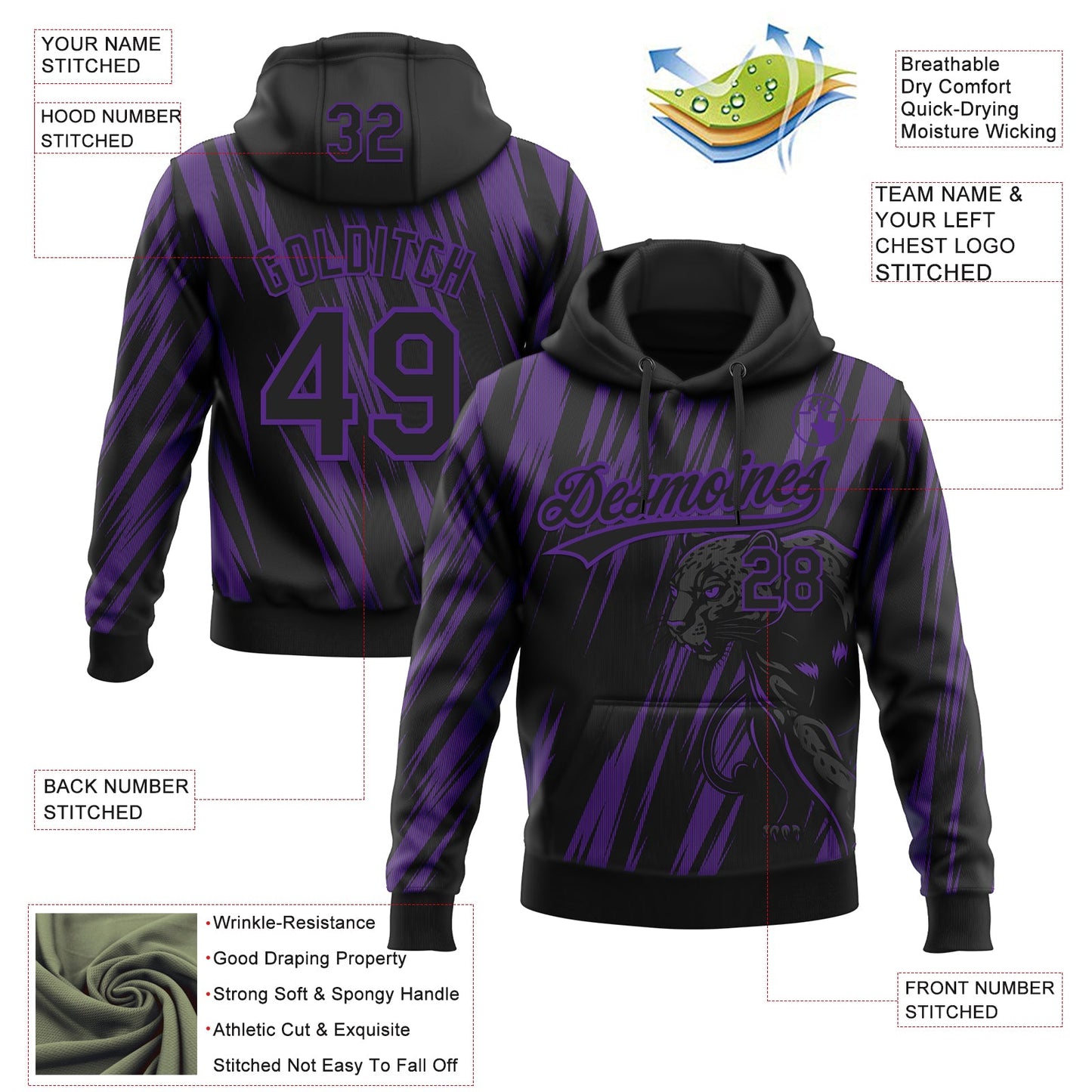 Custom Stitched Black Black-Purple 3D Pattern Design Leopardo Sports Pullover Sweatshirt Hoodie view 2