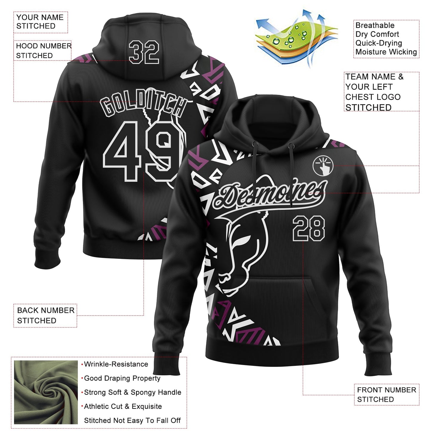 Custom Stitched Black Black-White 3D Pattern Design Leopardo Sports Pullover Sweatshirt Hoodie view 2