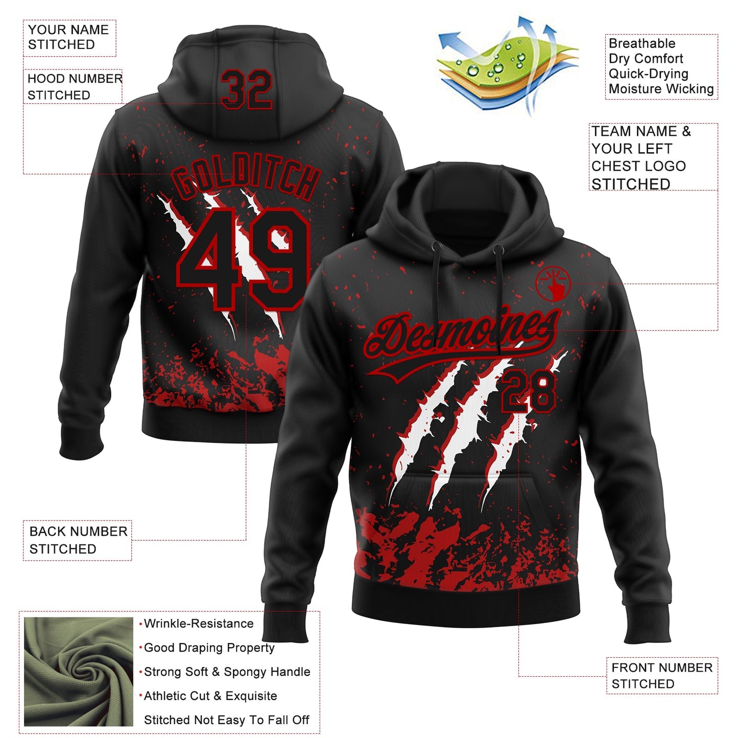 Custom Stitched Black Black-Red 3D Pattern Design Leopardo Scratch Sports Pullover Sweatshirt Hoodie view 2