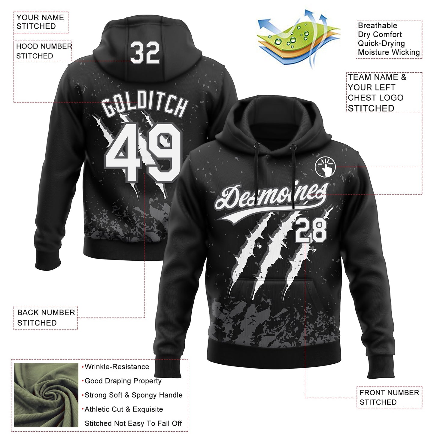 Custom Stitched Black White-Steel Gray 3D Pattern Design Leopardo Scratch Sports Pullover Sweatshirt Hoodie view 2